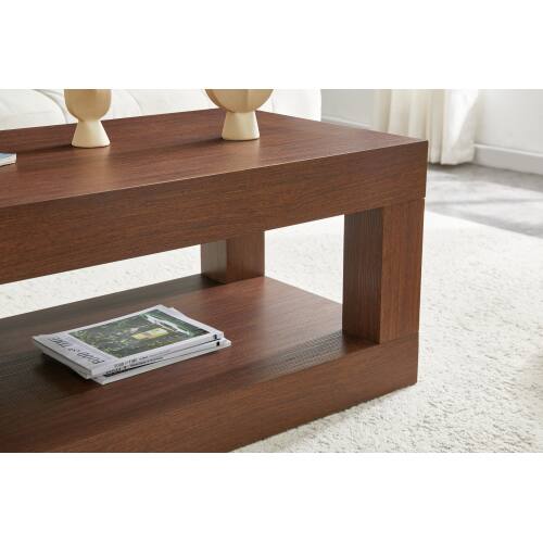 Back. Loheer - Loheer- Modern Two Tier Coffee Table with Open Storage 3.29x1.8x1.5 ft Rectangular Center Table for Living Room - Walnut.