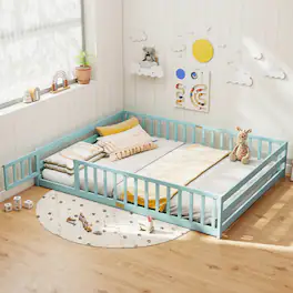 Costway - Queen Size Floor Bed with Full Length Safety Guardrails & Door for Boys, Girls - Icy Aqua