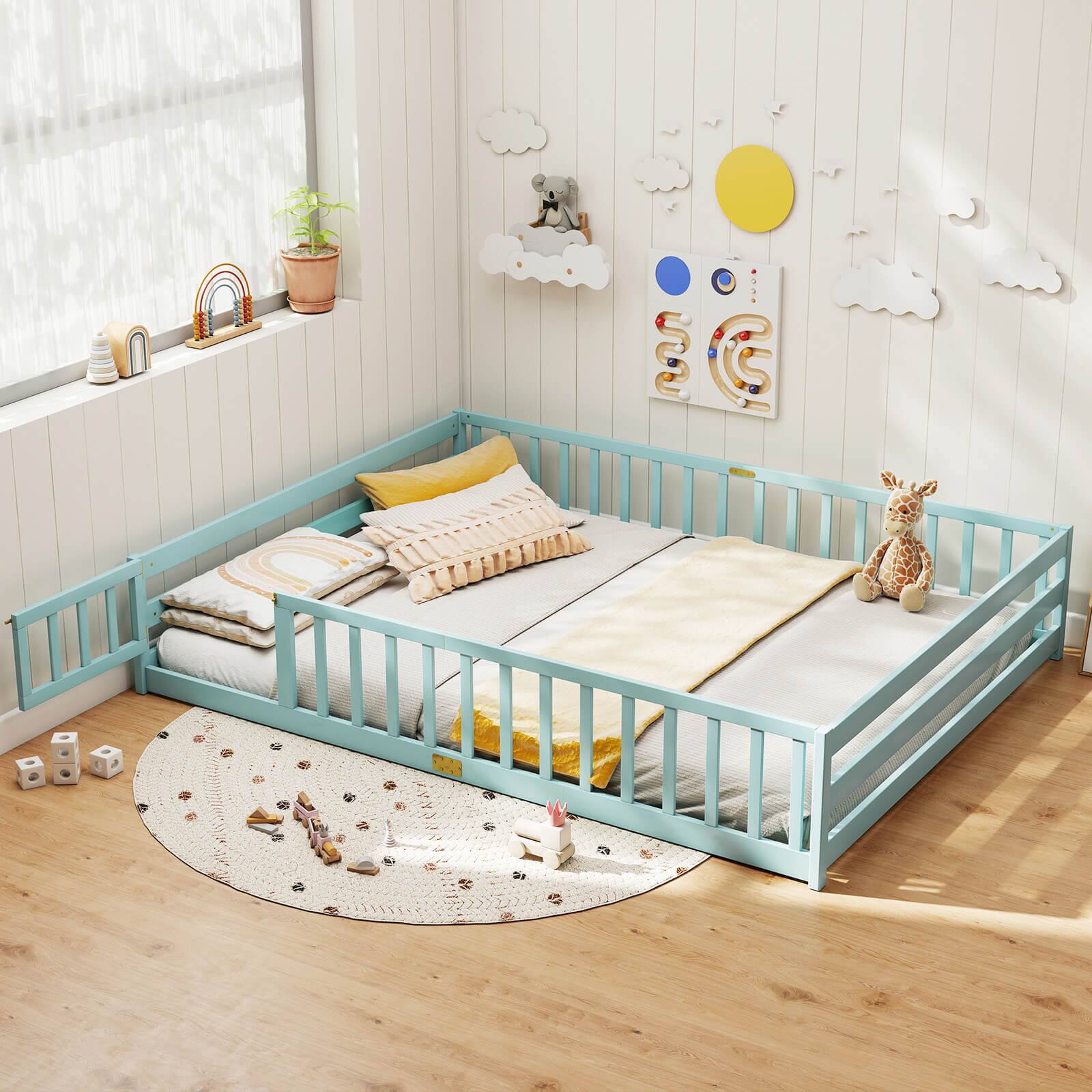 Alt View 1. Costway - Costway Queen Size Floor Bed with Full Length Safety Guardrails & Door for Boys, Girls - Icy Aqua.