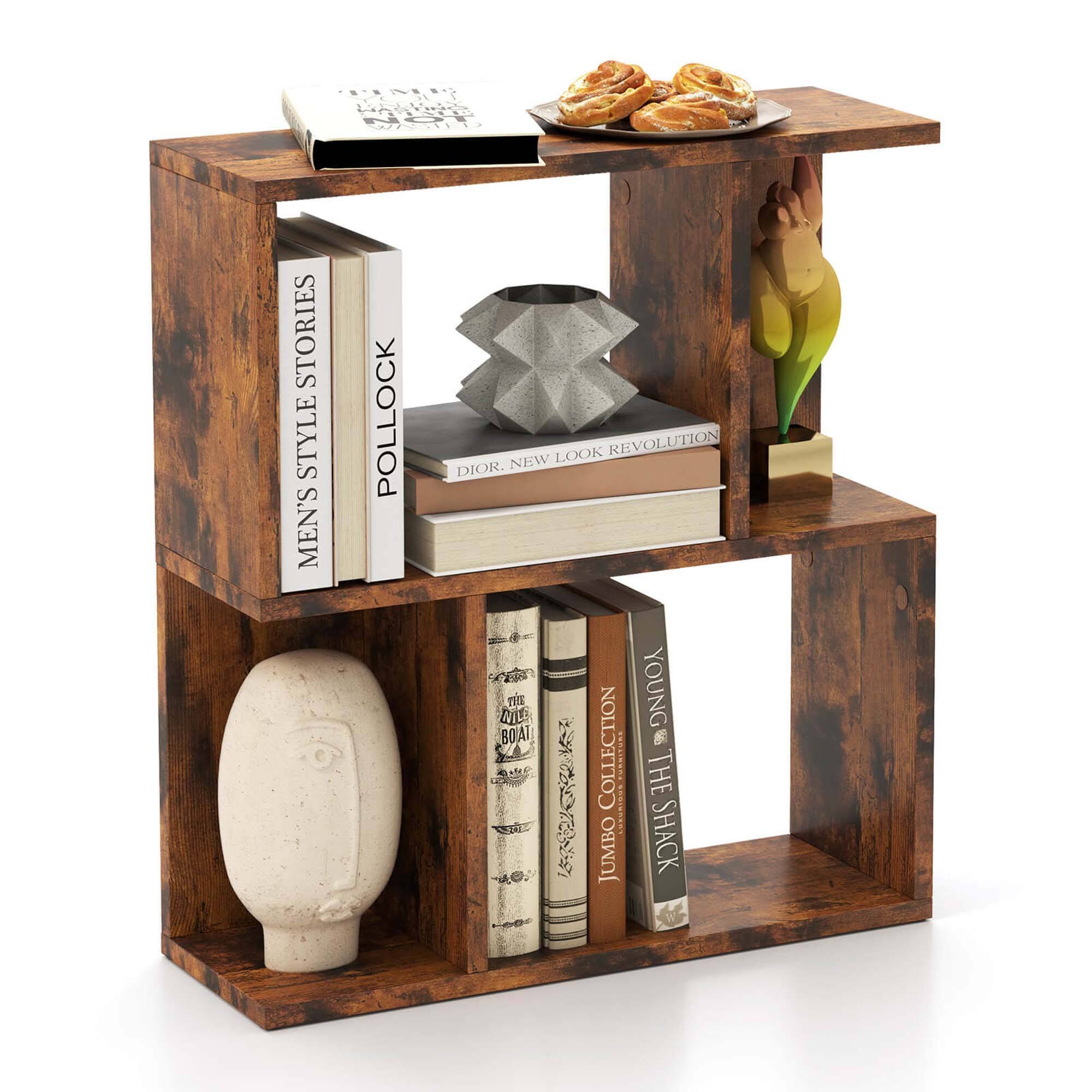 Costway - 1 PCS 3-Tier Bookshelf Geometric Bookcase Side Table with Open Storage Display Shelf - Rustic Brown