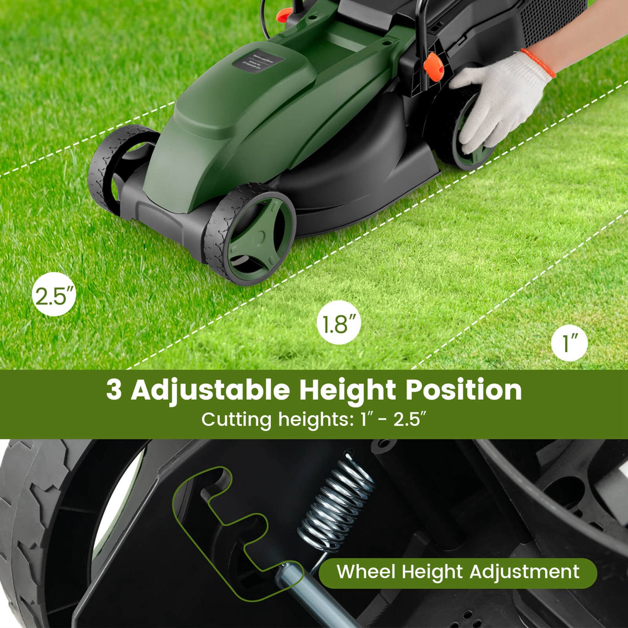 3 Adjustable Height Position: Cutting heights: 1" - 2.5" 1" - 1" Wheel Height Adjustment