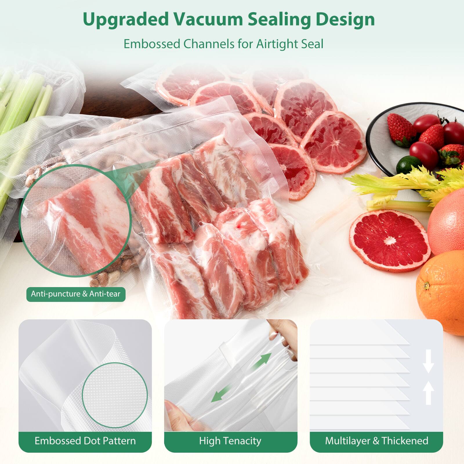 Upgraded Vacuum Sealing Design  
Embossed Channels for Airtight Seal  

- Anti-puncture & Anti-tear  
- Embossed Dot Pattern  
- High Tenacity  
- Multilayer & Thickened