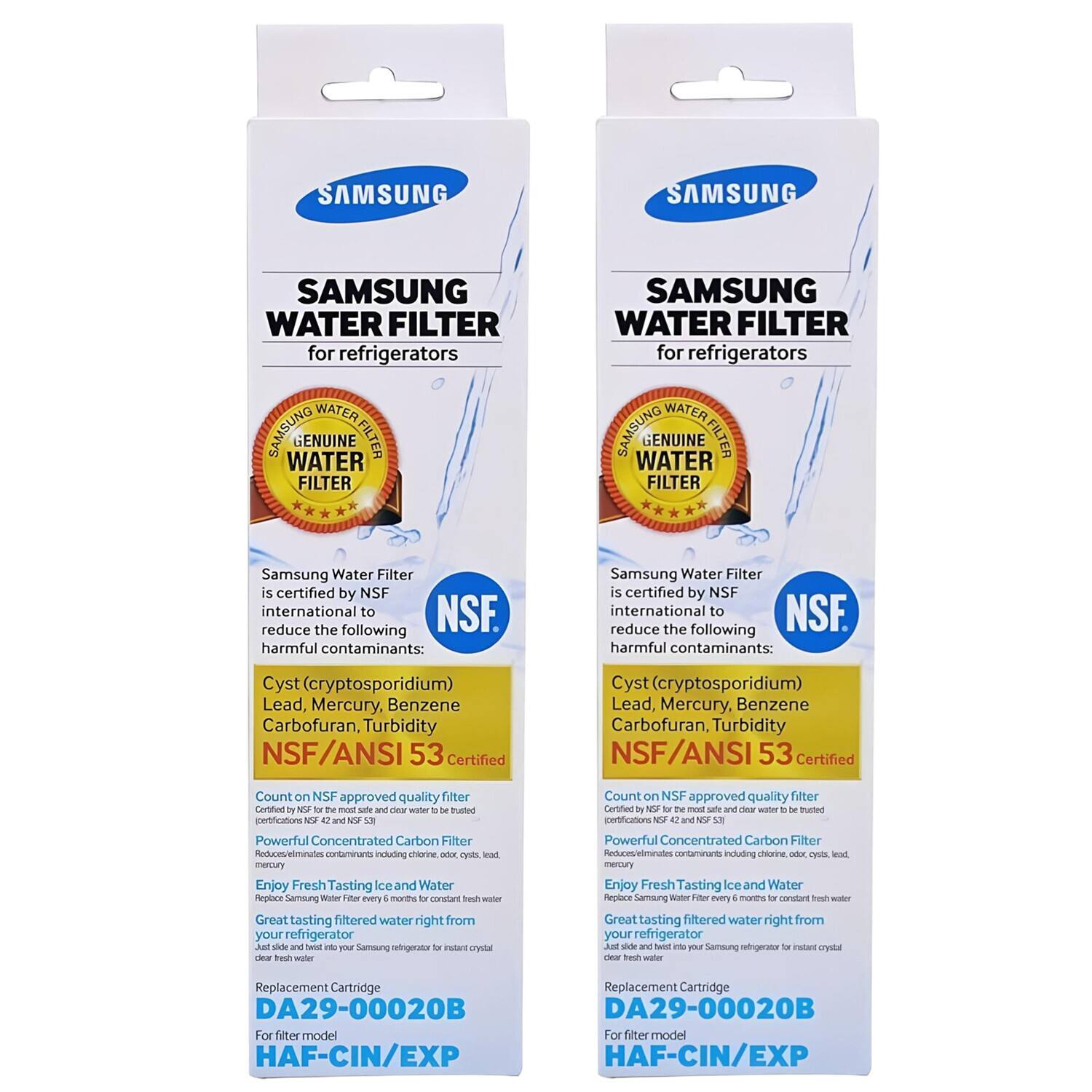 **SAMSUNG WATER FILTER for refrigerators**
**GENUINE WATER FILTER**
Samsung Water Filter is certified by NSF international to reduce the following harmful contaminants:
- Cyst (cryptosporidium)
- Lead, Mercury, Benzene
- Carbofuran, Turbidity
**NSF/ANSI 53 Certified**
Count on NSF approved quality filter
Certified by NSF for the most safe and clean water certifications NSF/ANSI 42 and NSF/ANSI 53
Powerful Concentrated Carbon Filter
Reduces contaminants including chlorine, organic cysts, lead, mercury
Enjoy Fresh Tasting Ice and Water
Replace Samsung Water Filter every 6 months for constant fresh water
Great tasting filtered water right from your refrigerator
Just slide and twist into your Samsung refrigerator for instant crystal clear fresh water
Replacement Cartridge
DA29-00020B
For filter model
HAF-CIN/EXP