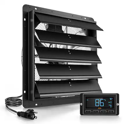 Front. VEVOR - 24 Inch Shutter Exhaust Fan Wall Mounted Automatic Louvers EC Motor, Steel Housing, Temperature & Humidity Controller - Black.