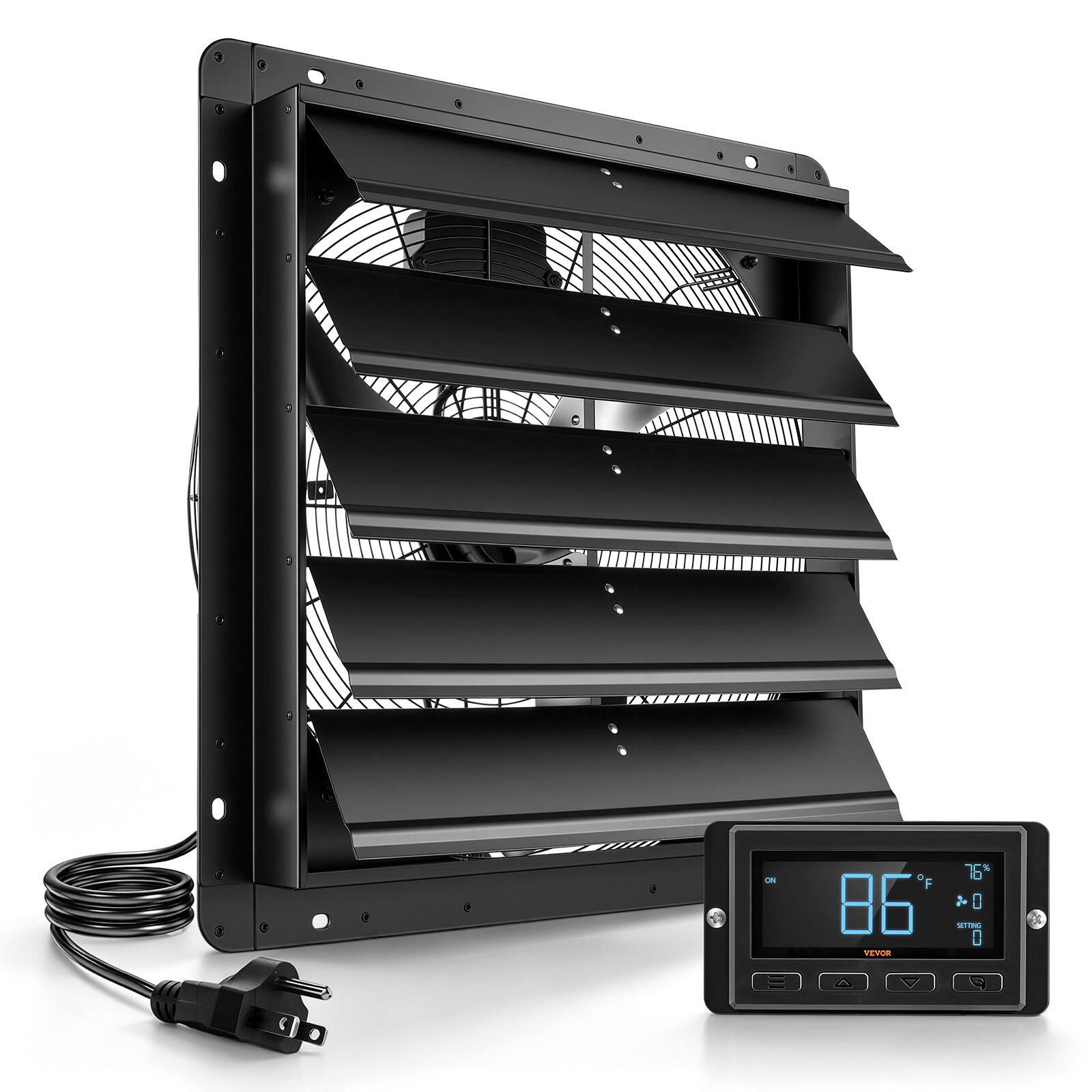 Front. VEVOR - 24 Inch Shutter Exhaust Fan Wall Mounted Automatic Louvers EC Motor, Steel Housing, Temperature & Humidity Controller - Black.