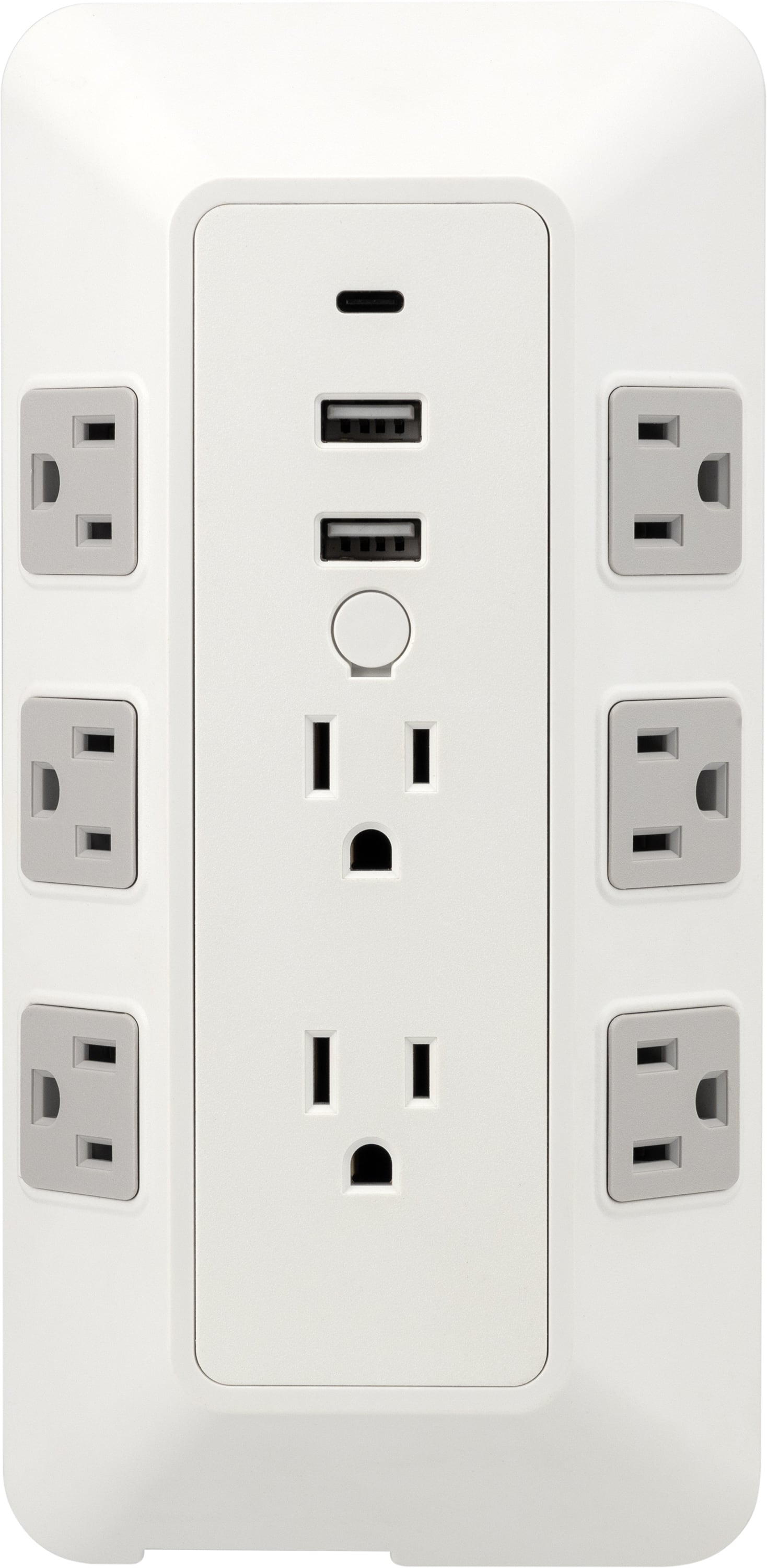 Front. General Electric - GE 8 Grounded Outlets 2 USB-A Ports 1 USB-C Port  Wall Tap Fireproof 2,000 Joules Surge Protector - White/Gray.
