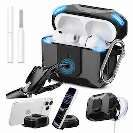 Dteck - for AirPods Pro 2 Case with Phone Stand, Fits MagSafe, Magnetic Lock Shockproof Rugged Cover with Cleaner Kit - Gray