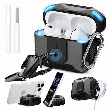 Front. Dteck - for AirPods Pro 2 Case with Phone Stand, Fits MagSafe, Magnetic Lock Shockproof Rugged Cover with Cleaner Kit - Gray.
