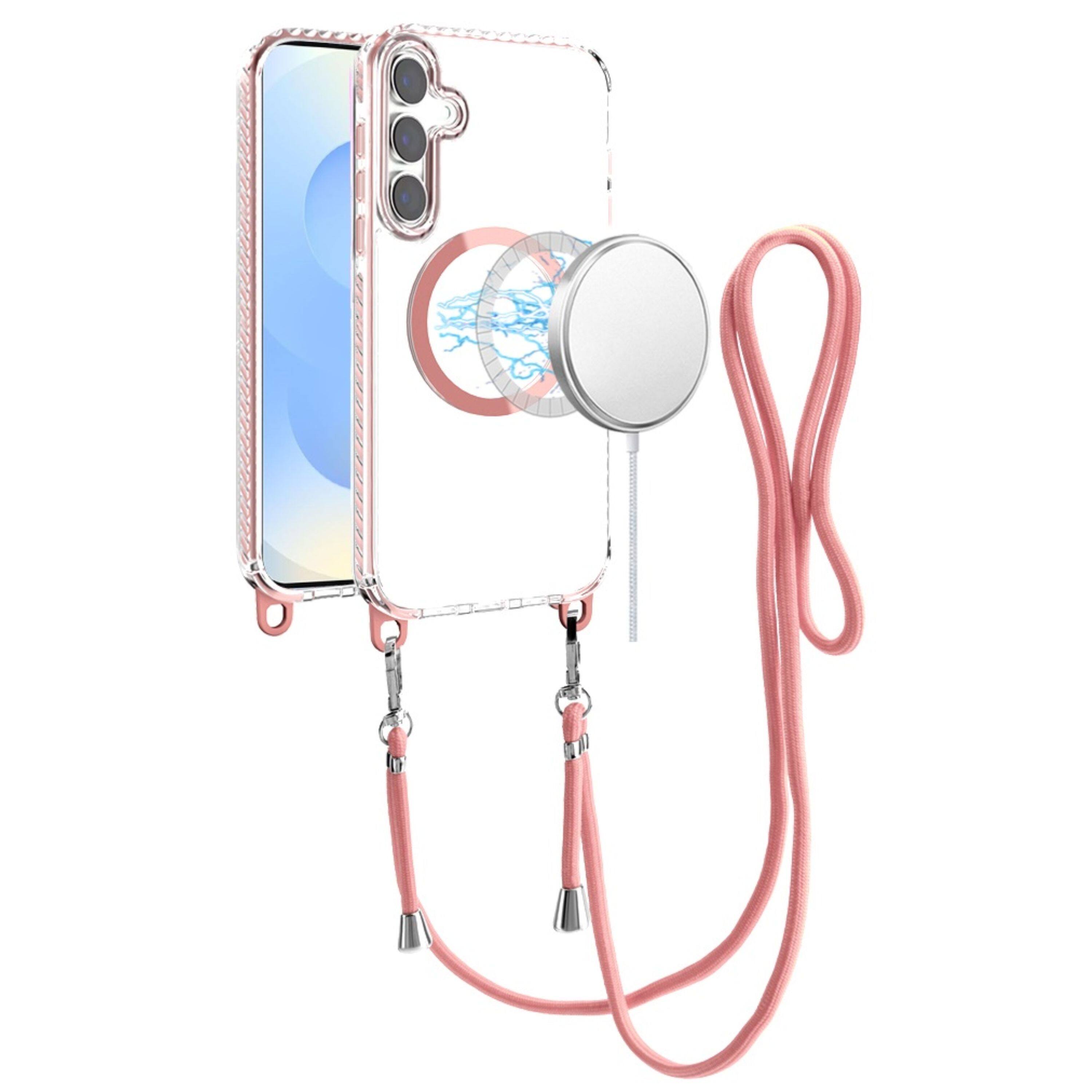 Front. Kitcheniva - Case With Long Lanyard Magnetic Circle Plus Tempered Glass For Samsung S25/S24 Light Pink - Pink.