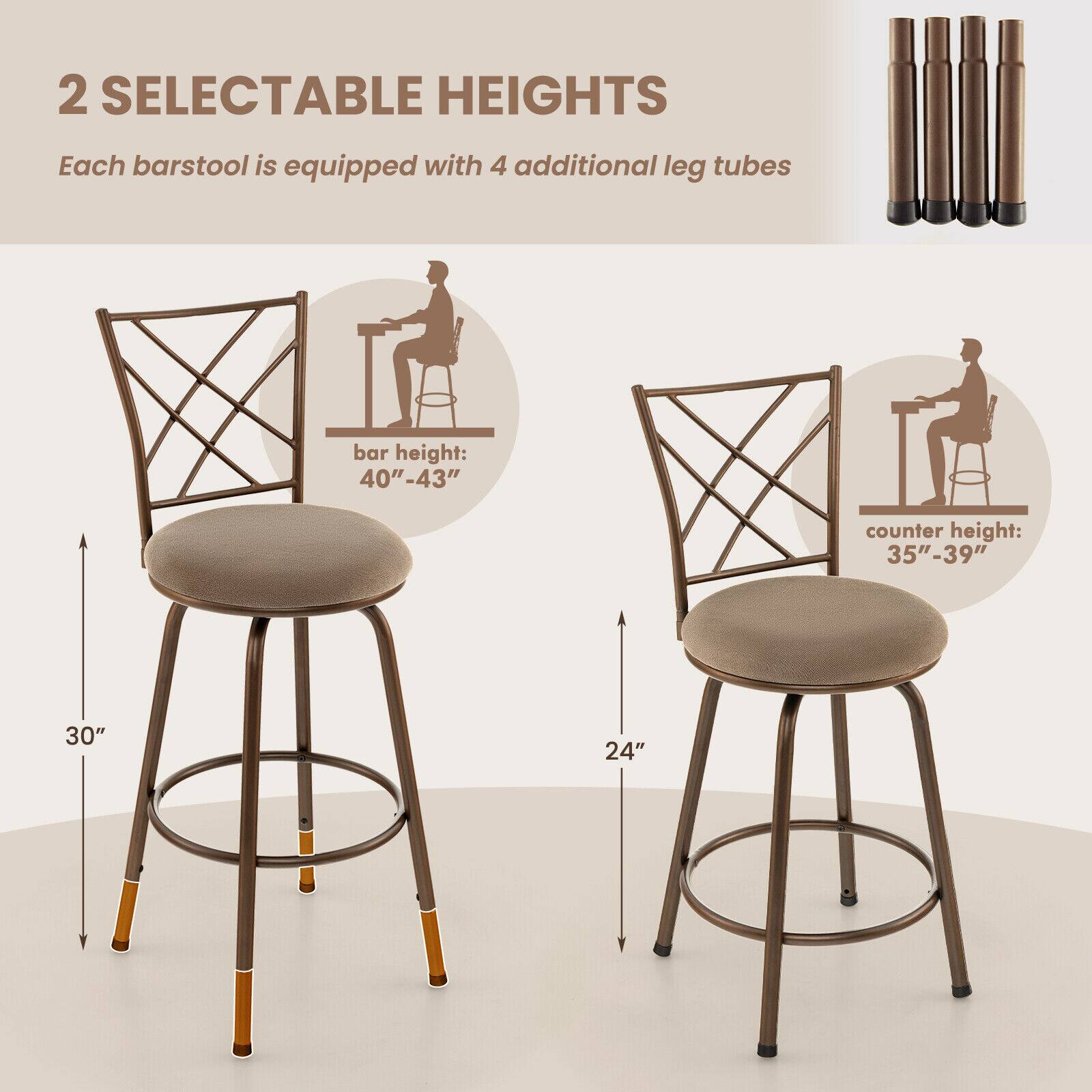 2 SELECTABLE HEIGHTS

Each barstool is equipped with 4 additional leg tubes

bar height: 40"-43"

counter height: 35"-39"

30"

24"