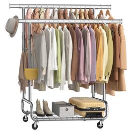 Songmics Home - Clothes Rack, Heavy-Duty Rolling Clothing Garment Rack with Wheels, Extendable Double Hanging Rods and Adjustable Height - Silver