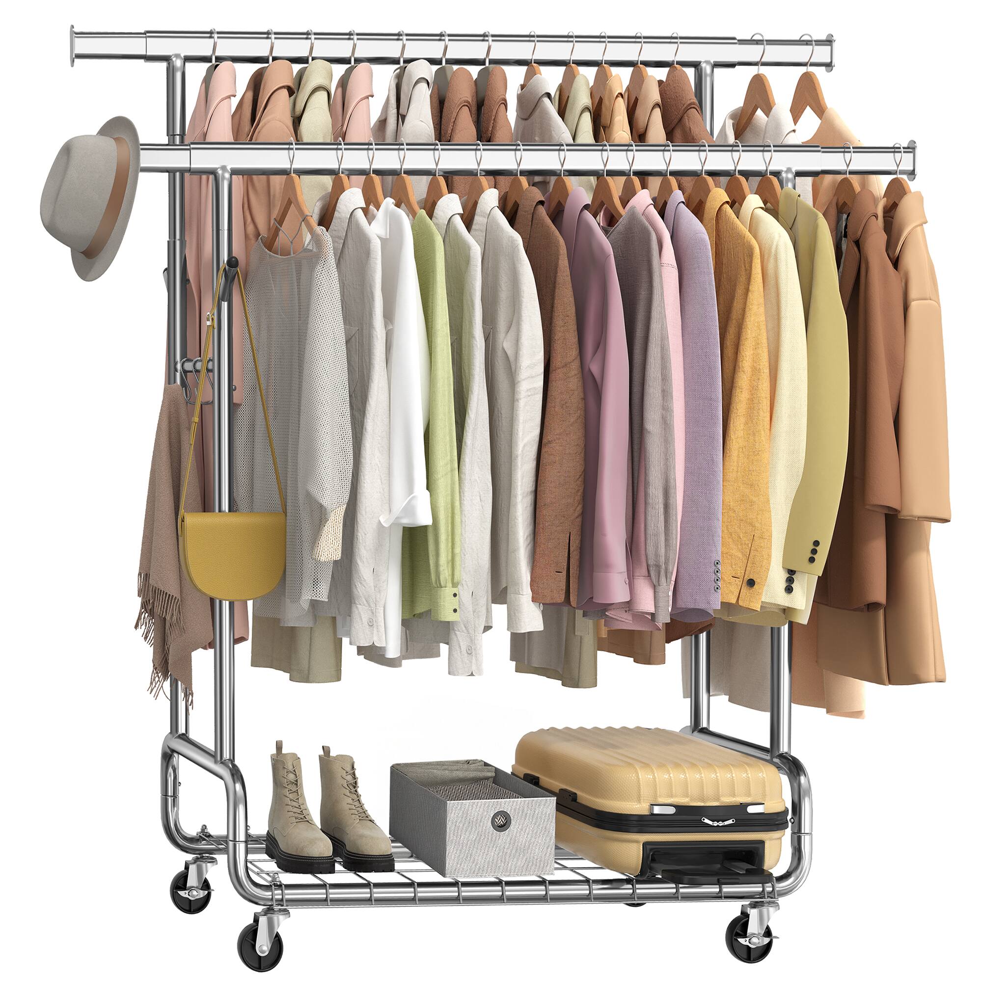 Front. Songmics Home - Clothes Rack, Heavy-Duty Rolling Clothing Garment Rack with Wheels, Extendable Double Hanging Rods and Adjustable Height - Silver.