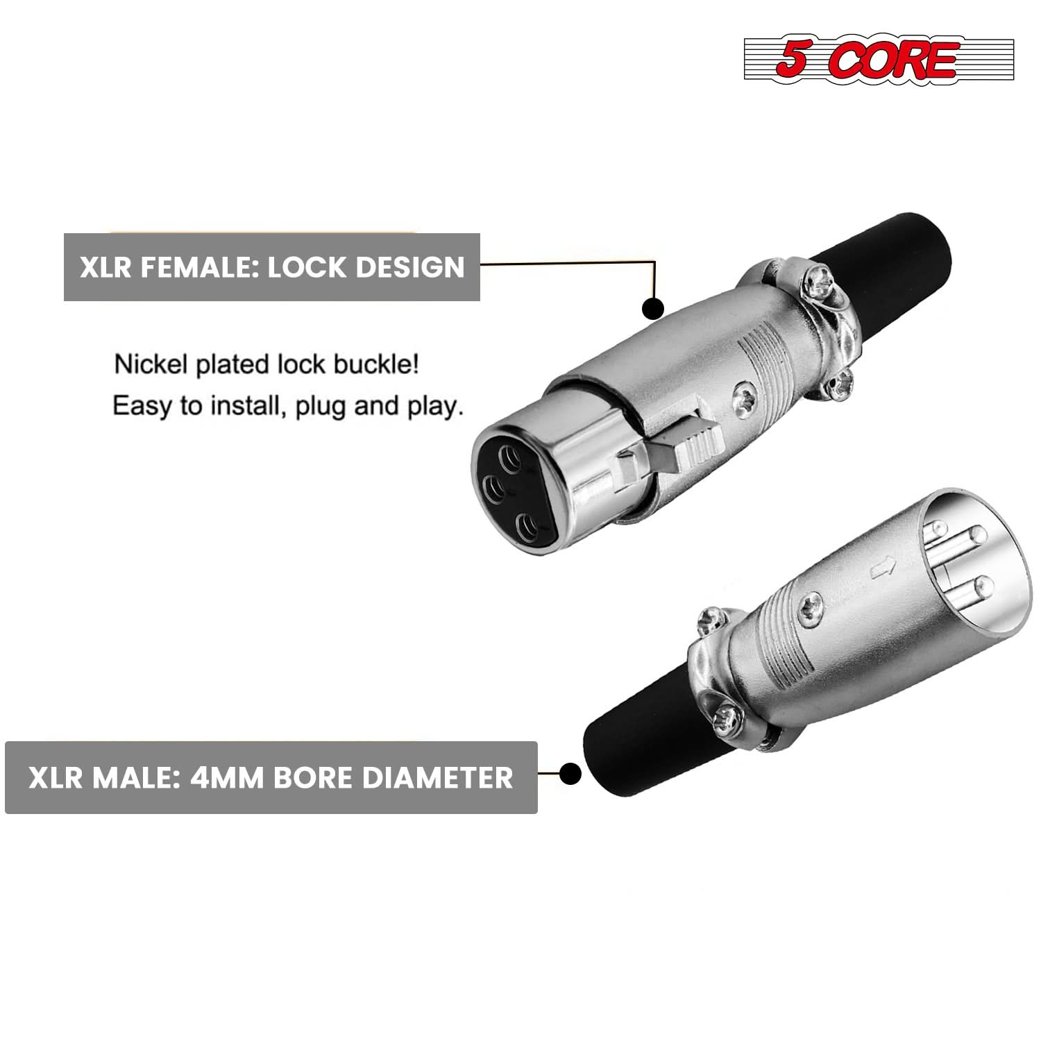 5 CORE XLR FEMALE: LOCK DESIGN  
Nickel plated lock buckle! Easy to install, plug and play.  
XLR MALE: 4MM BORE DIAMETER