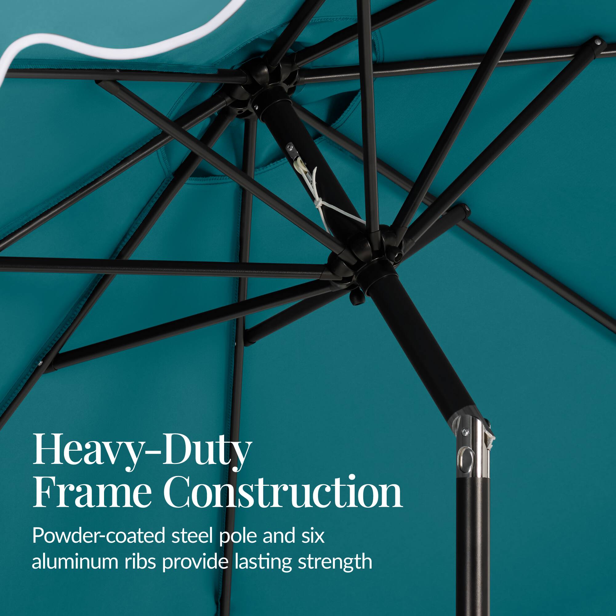 Heavy-Duty Frame Construction  
Powder-coated steel pole and six aluminum ribs provide lasting strength
