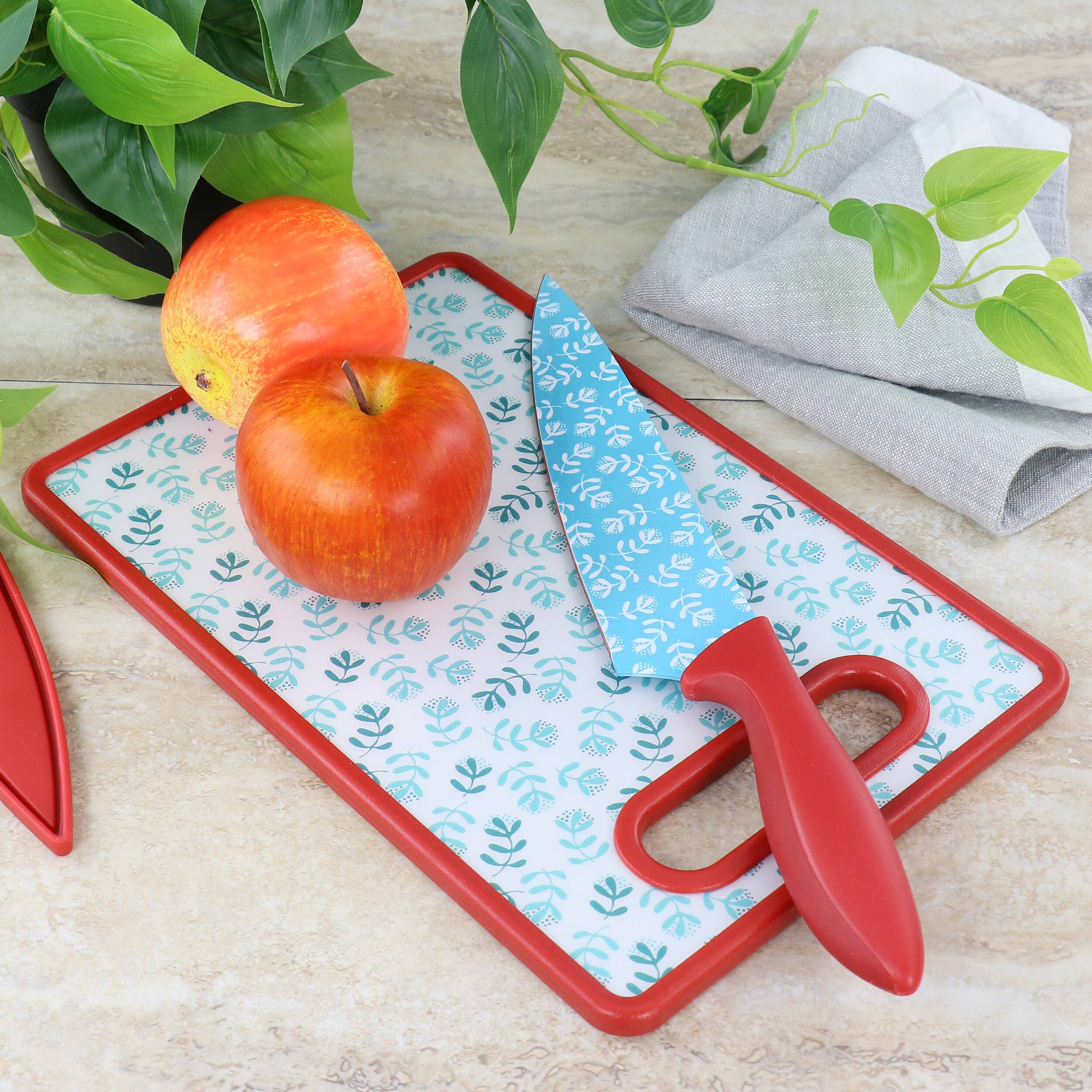 Alt View 4. Gibson - Gibson Home Village Vines 3 Piece Cutting Board and Knife Set in Red and Blue - Red and Blue.