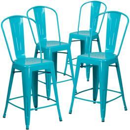 Emma + Oliver - Commercial Grade 4 Pack 24" High Metal Indoor-Outdoor Counter Height Stool with Back - Crystal Teal-Blue