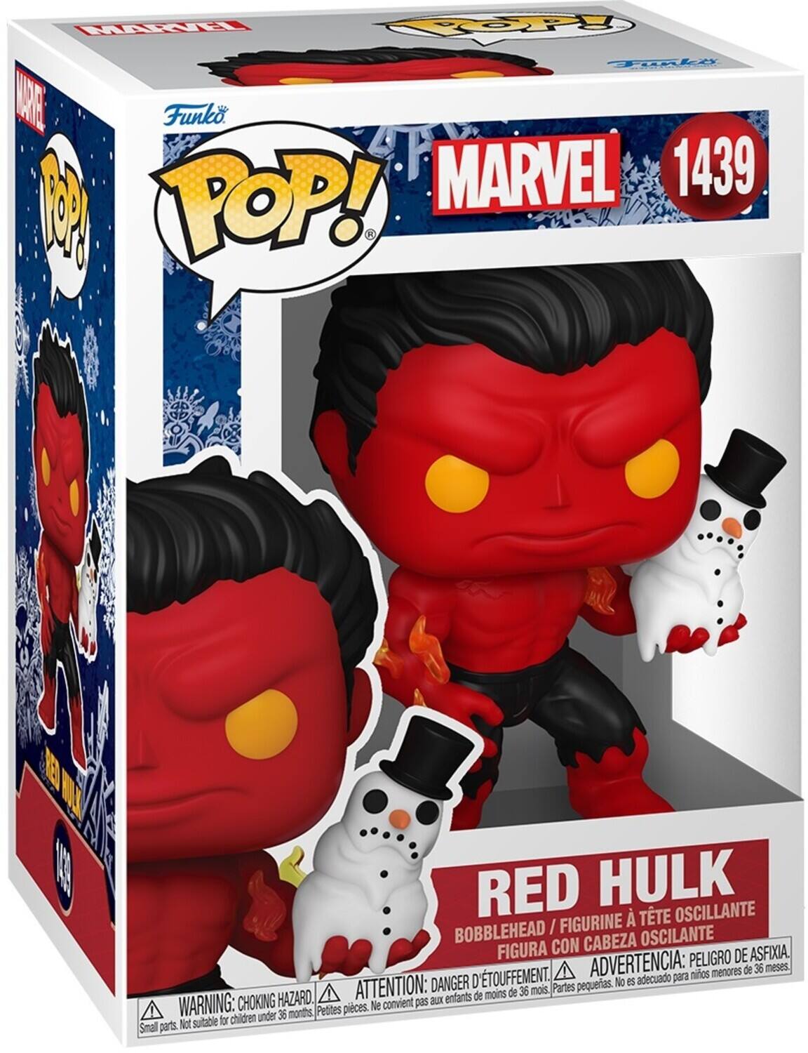 Sure, here is the corrected and grouped text from the image:

---

**Funko POP!**

**MARVEL**

**1439**

**RED HULK**

**BOBBLEHEAD / FIGURINE À TÊTE OSCILLANTE / FIGURA CON CABEZA OSCILANTE**

**WARNING: CHOKING HAZARD. Small parts. Not suitable for children under 36 months.**

**ATTENTION: DANGER D'ÉTOUFFEMENT. Petites pièces. Ne convient pas aux enfants de moins de 36 mois.**

**ADVERTENCIA: PELIGRO DE ASFIXIA. Partes pequeñas. No es adecuado para niños menores de 36 meses.**

---

This text is organized to reflect the information on the packaging, including the brand, series, character, and safety warnings.