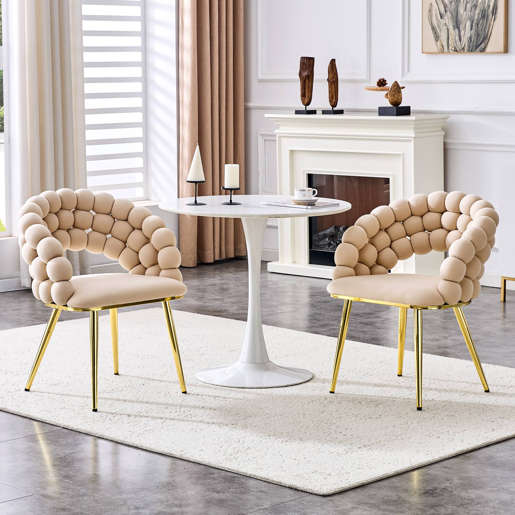 Angle. Loheer - Loheer Dining Chairs Set of 2 Beige Velvet Bubble Accent Chairs for Dining Room Kitchen with Gold Legs 2.1 ft - Beige,Gold.