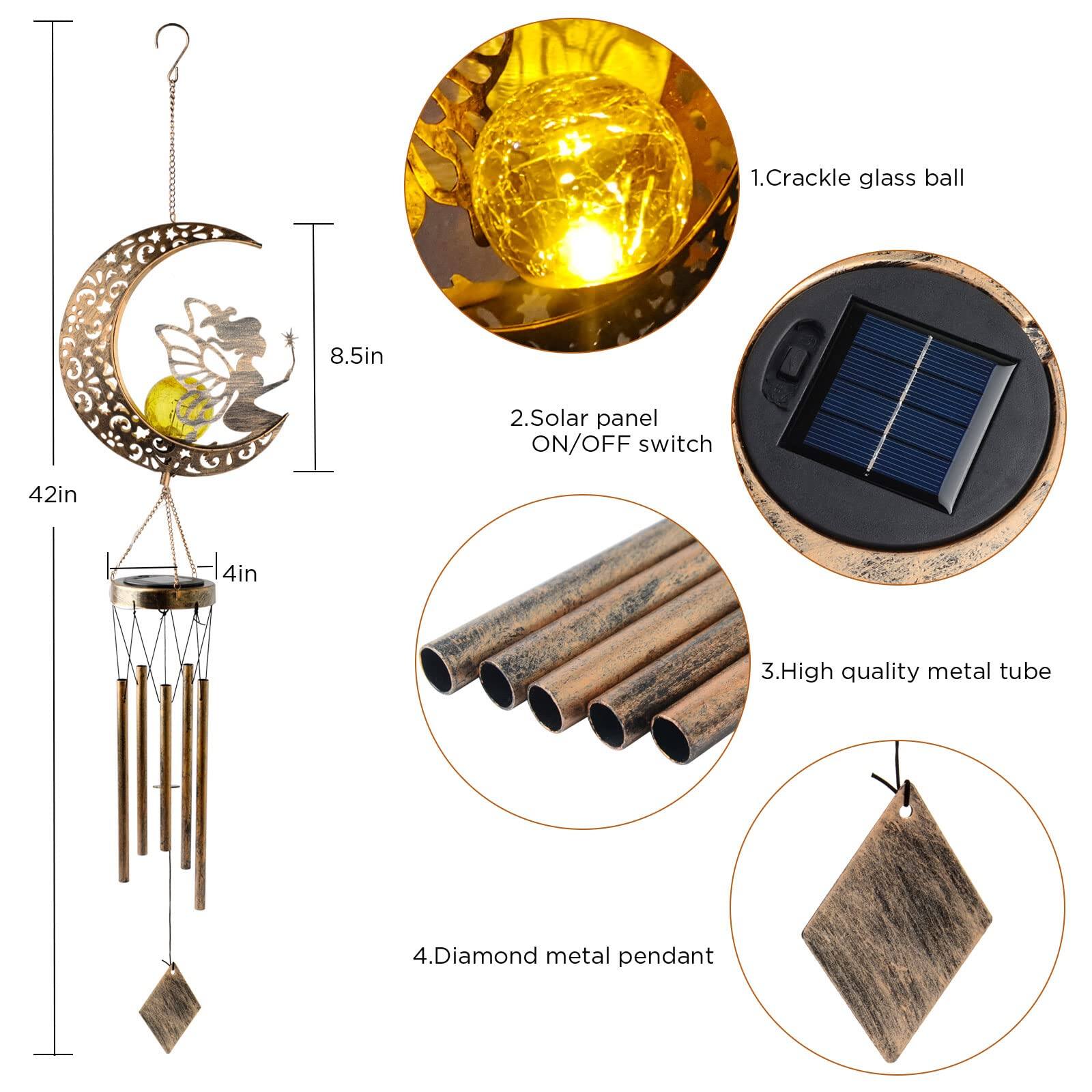 1. Crackle glass ball  
2. Solar panel ON/OFF switch  
3. High quality metal tube  
4. Diamond metal pendant  

Dimensions:  
- 42in  
- 8.5in  
- 4in