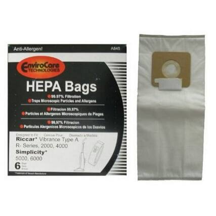 Anti-Allergen!
EnviroCore TECHNOLOGIES
HEPA Bags
99.97% Filtration
Traps Microscopic Particles and Allergens
Filtración 99,97%
Partículas y Alergénicos Microscópicos de Pleges
Filtración 99,97%
Partículas Alergénicos Microscópicos de los Desvios
Designed to Fit:
Riccar® Vibrance Type A
R-Series, 2000, 4000
Simplicity®
5000, 6000
6