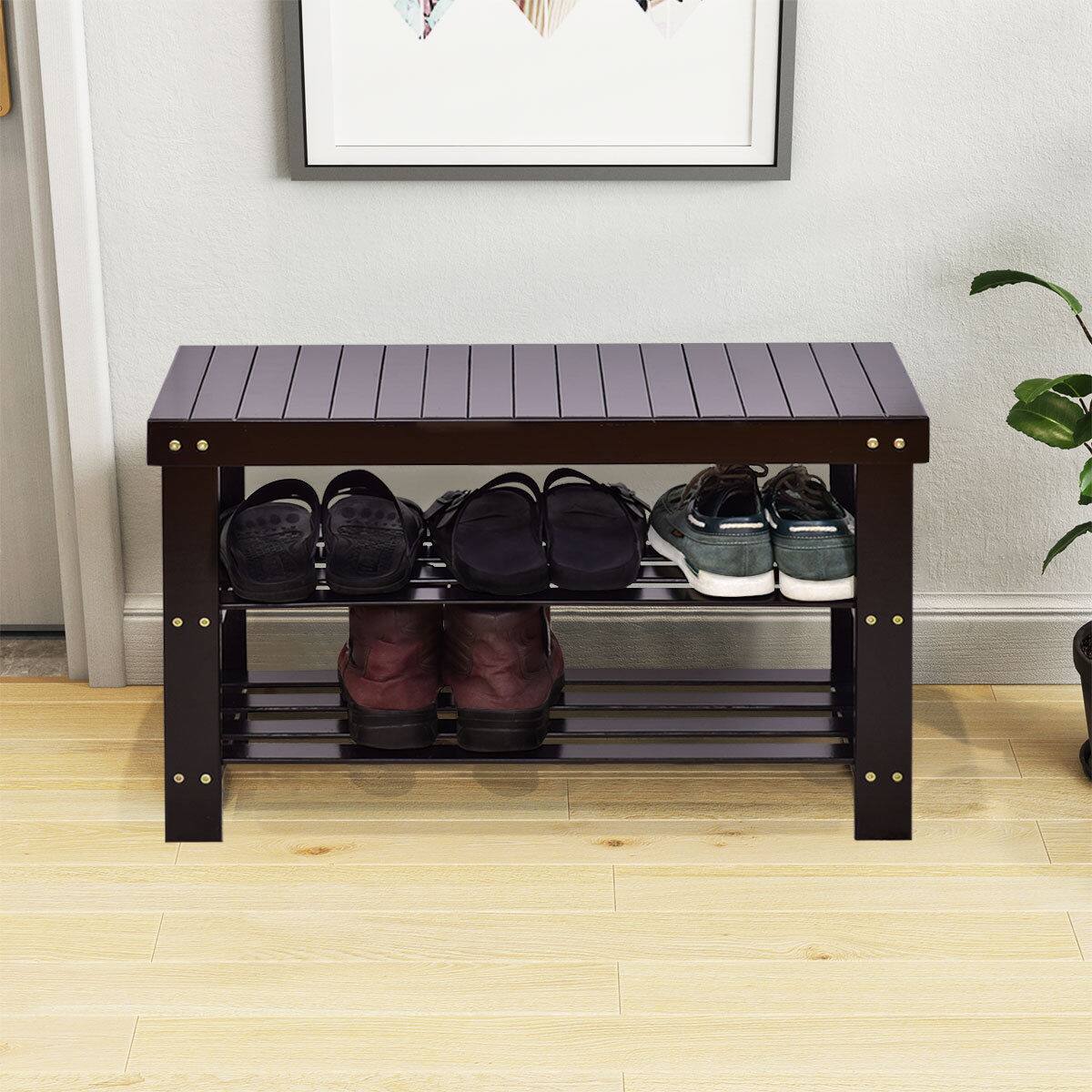 Alt View 17. Costway - 3 Tier Bamboo Shoe Rack Bench Storage Shelf Organizer Entryway Home Furni Black - Black.