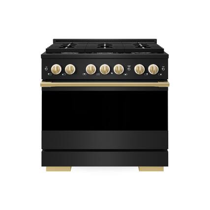 Front. ZLINE - Autograph 36 in. 5.2 cu. ft. Manual Clean Marino Freestanding Gas Range with 6 Burners and Gold Accents - Black Stainless Steel.