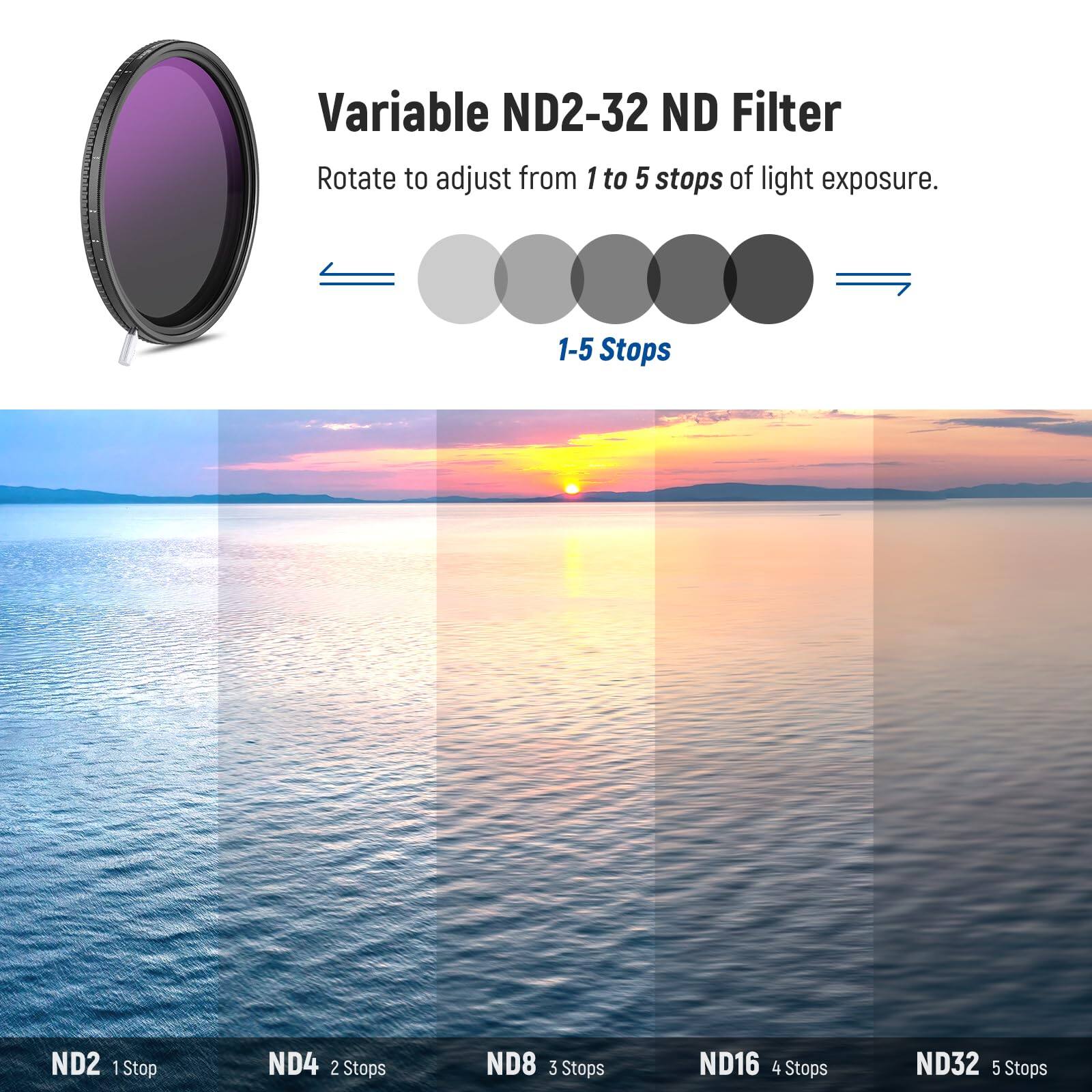 Variable ND2-32 ND Filter  
Rotate to adjust from 1 to 5 stops of light exposure.  

1-5 Stops  
ND2 : 1 Stop  
ND4 : 2 Stops  
ND8 : 3 Stops  
ND16 : 4 Stops  
ND32 : 5 Stops