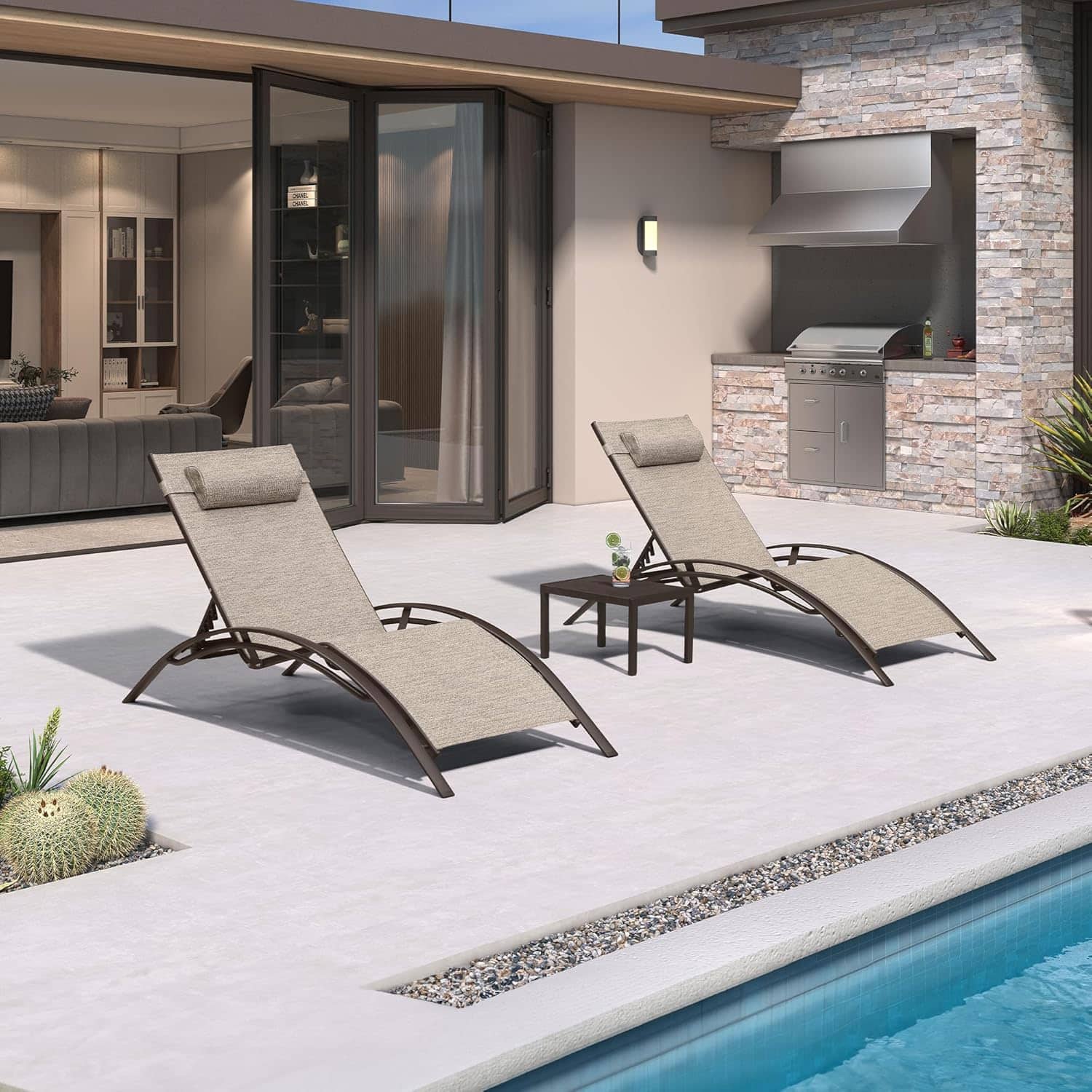 Front. PURPLE LEAF - 3-Pieces Oversized Aluminum Outdoor Chaise Lounge Patio Lounge Chair with Side Table - Ivory Granite.