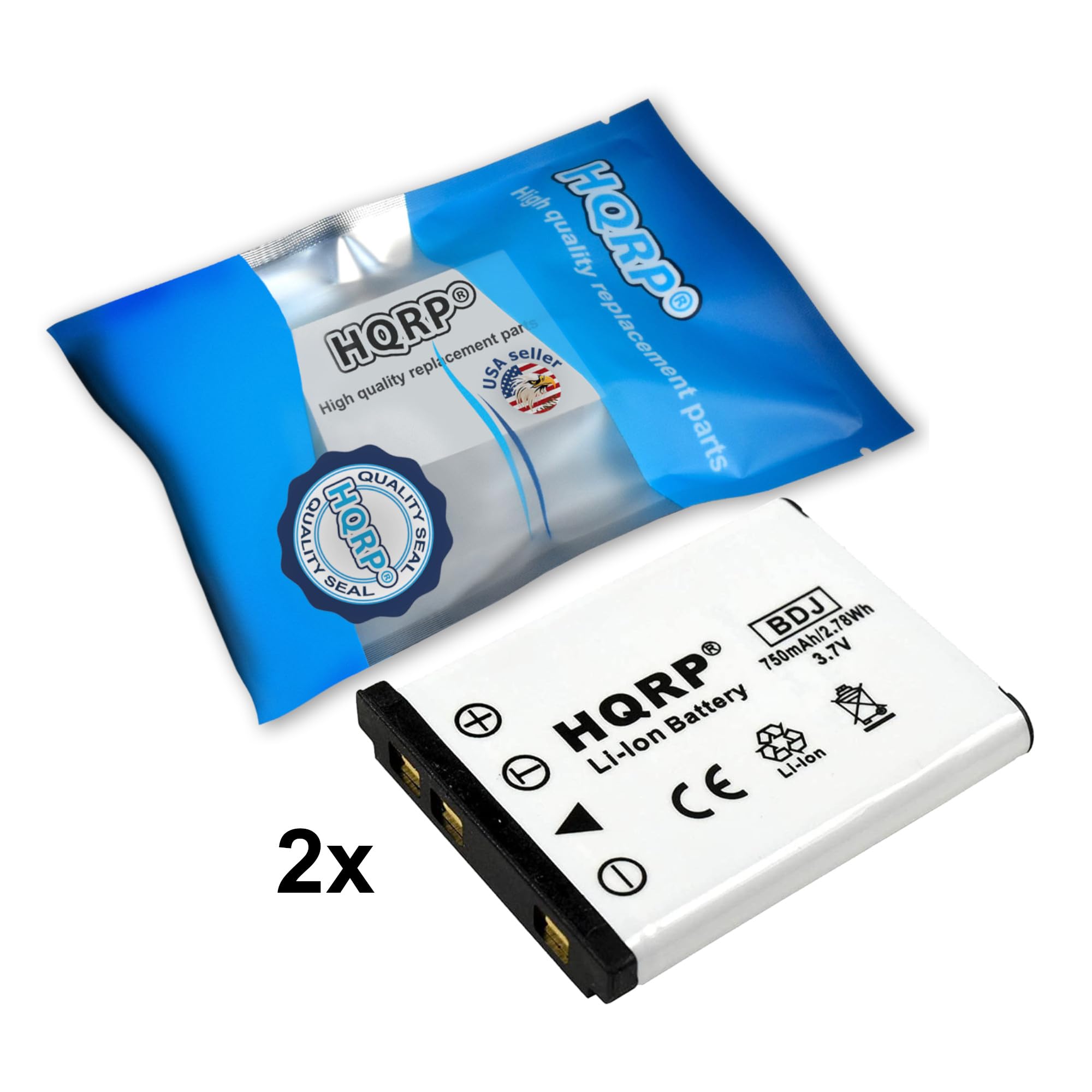 High quality replacement parts  
HQRP  
High quality replacement parts  
USA seller  
QUALITY  
SEAL  
750mAh/2.78Wh  
3.7V  
HQRP Li-lon Battery  
CE  
2x