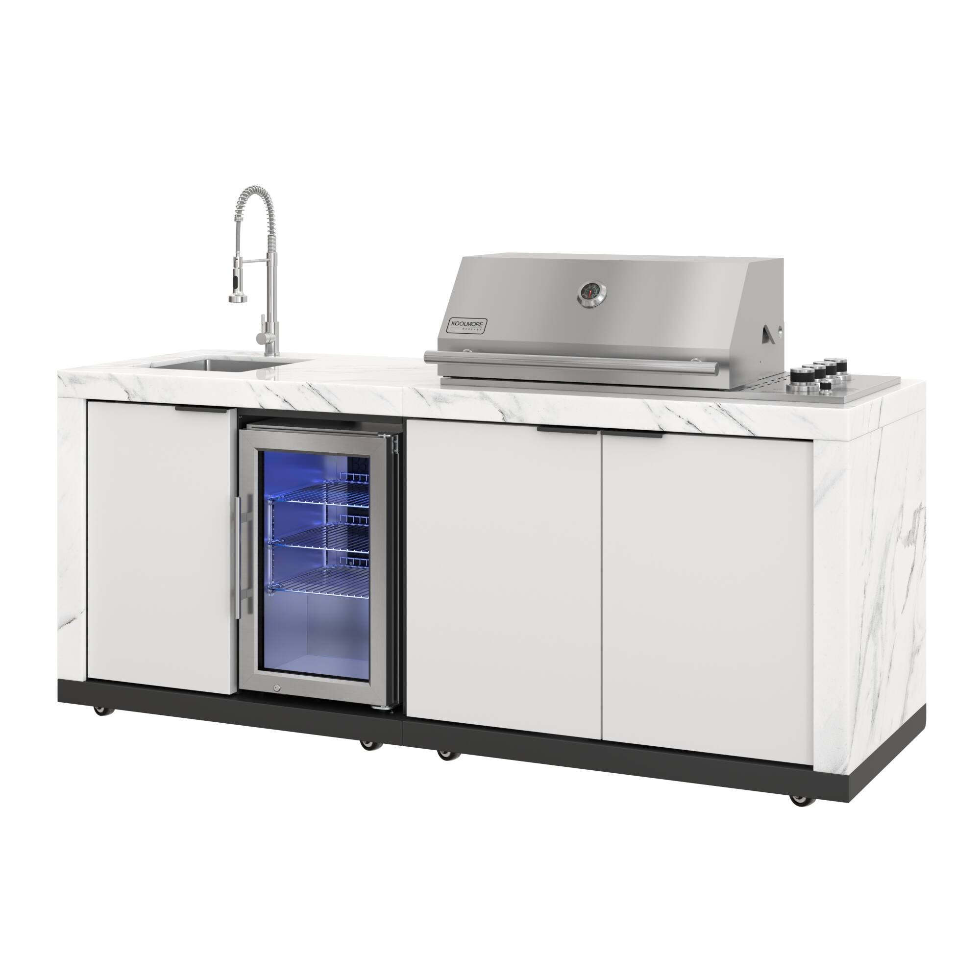 Alt View 2. Koolmore - Outdoor Kitchen Suite With White Rock Beam Countertop, 4 Burner Grill, Refrigerator, Cabinet and Stainless Steel Sink - White.