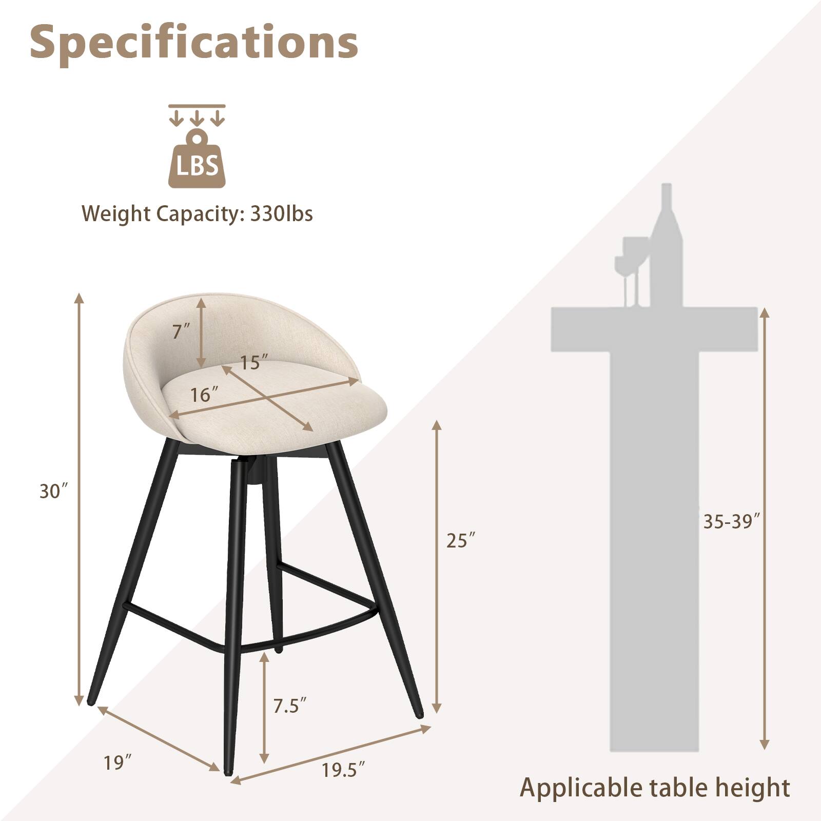 Specifications:
- Weight Capacity: 330 lbs
- Seat Height: 7"
- Seat Depth: 16"
- Seat Width: 15"
- Overall Height: 30"
- Back Height: 25"
- Base Width: 19.5"
- Base Depth: 19"
- Applicable Table Height: 35-39"