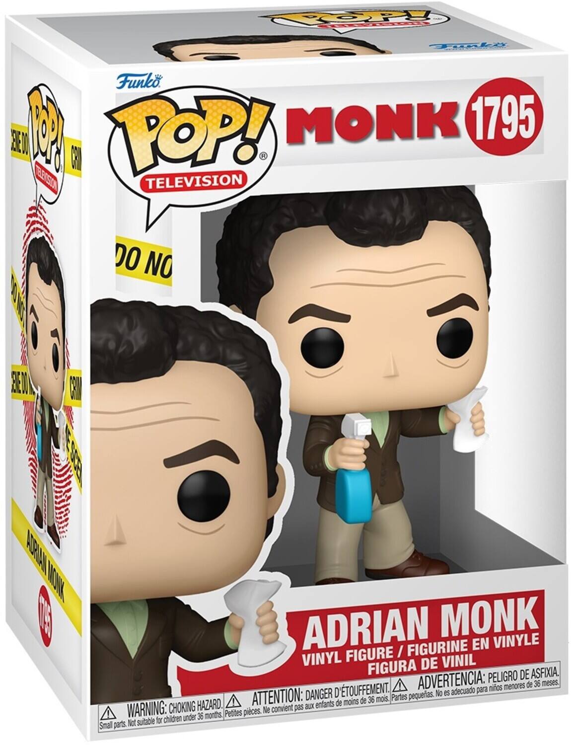 Sure, here is the corrected and grouped text from the image:

---

**Funko POP! TELEVISION**

**MONK 1795**

**ADRIAN MONK**

**VINYL FIGURE / FIGURINE EN VINYLE / FIGURA DE VINIL**

**WARNING: CHOKING HAZARD. Small parts. Not suitable for children under 36 months.**

**ADVERTENCIA: PELIGRO DE ASFIXIA. Partes pequeñas. No es adecuado para niños menores de 36 meses.**

**ATTENTION: DANGER D'ÉTOUFFEMENT. Petites pièces. Ne convient pas aux enfants de moins de 36 mois.**

---

This text is from the packaging of the Funko POP! figure of Adrian Monk.