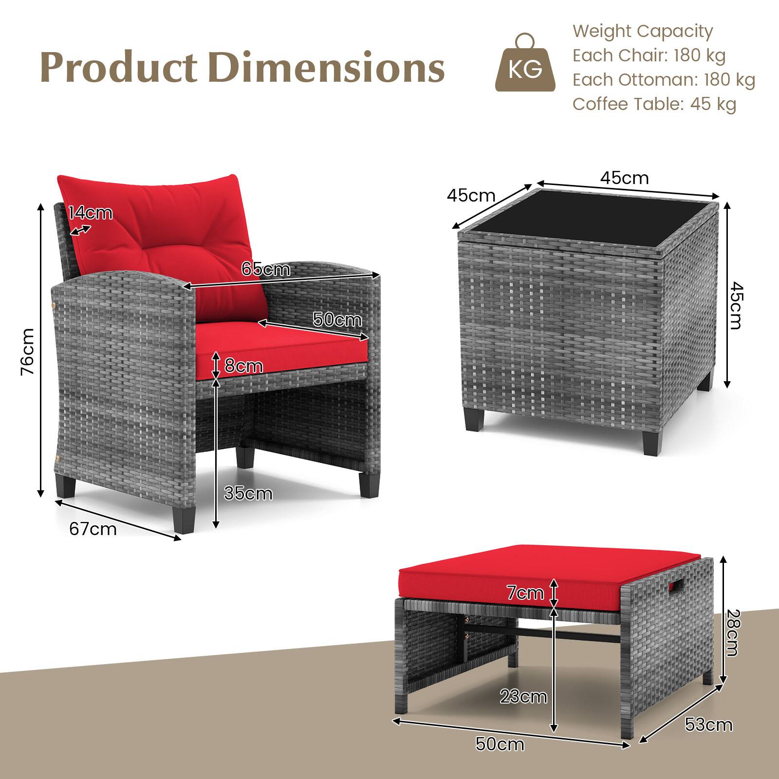 Product Dimensions

Weight Capacity
Each Chair: 180 kg
Each Ottoman: 180 kg
Coffee Table: 45 kg

Dimensions:
- Chair: 76cm (height) x 65cm (width) x 50cm (depth) x 14cm (seat height) x 8cm (backrest height) x 35cm (leg height)
- Ottoman: 45cm (height) x 45cm (width) x 45cm (depth)
- Coffee Table: 50cm (width) x 53cm (depth) x 23cm (height) x 7cm (tabletop height)
