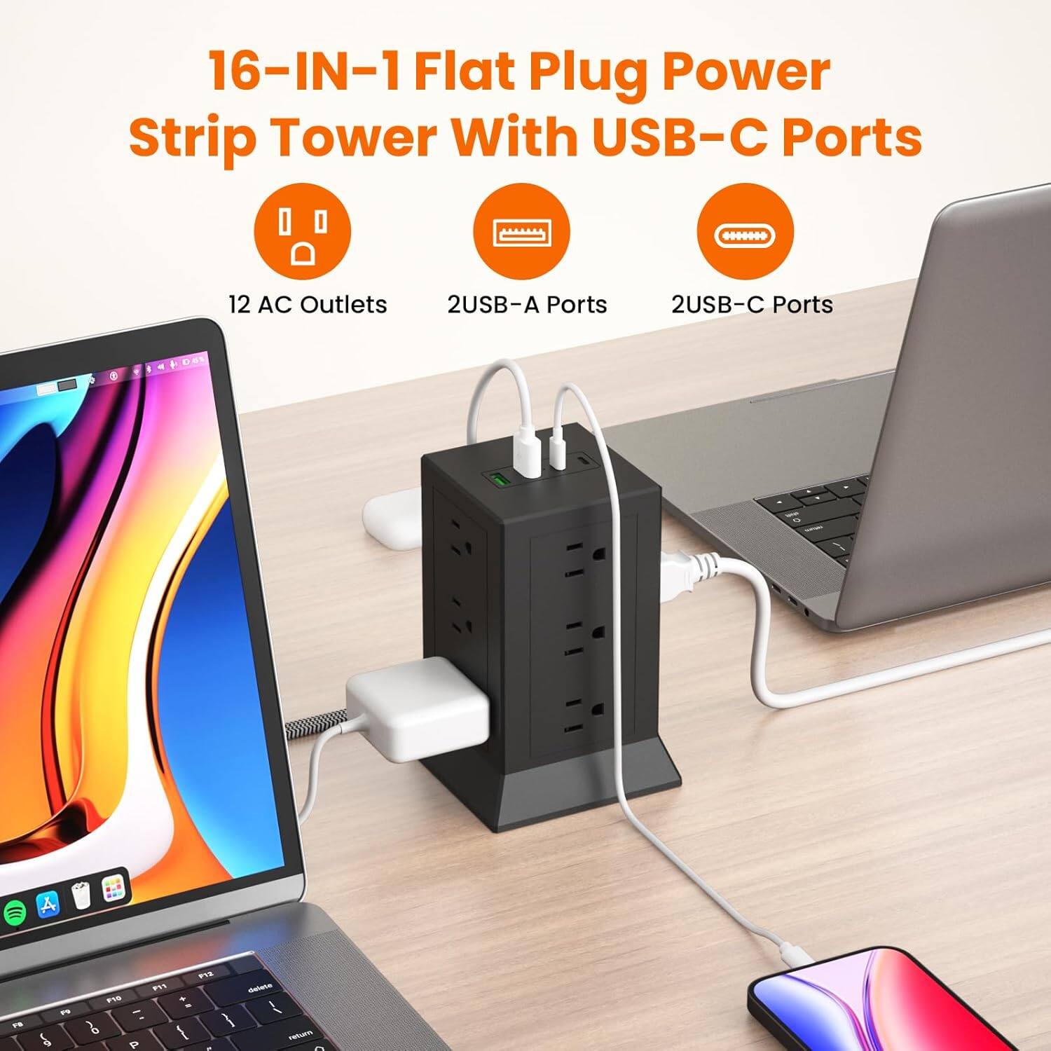 16-IN-1 Flat Plug Power Strip Tower With USB-C Ports

- 12 AC Outlets
- 2 USB-A Ports
- 2 USB-C Ports