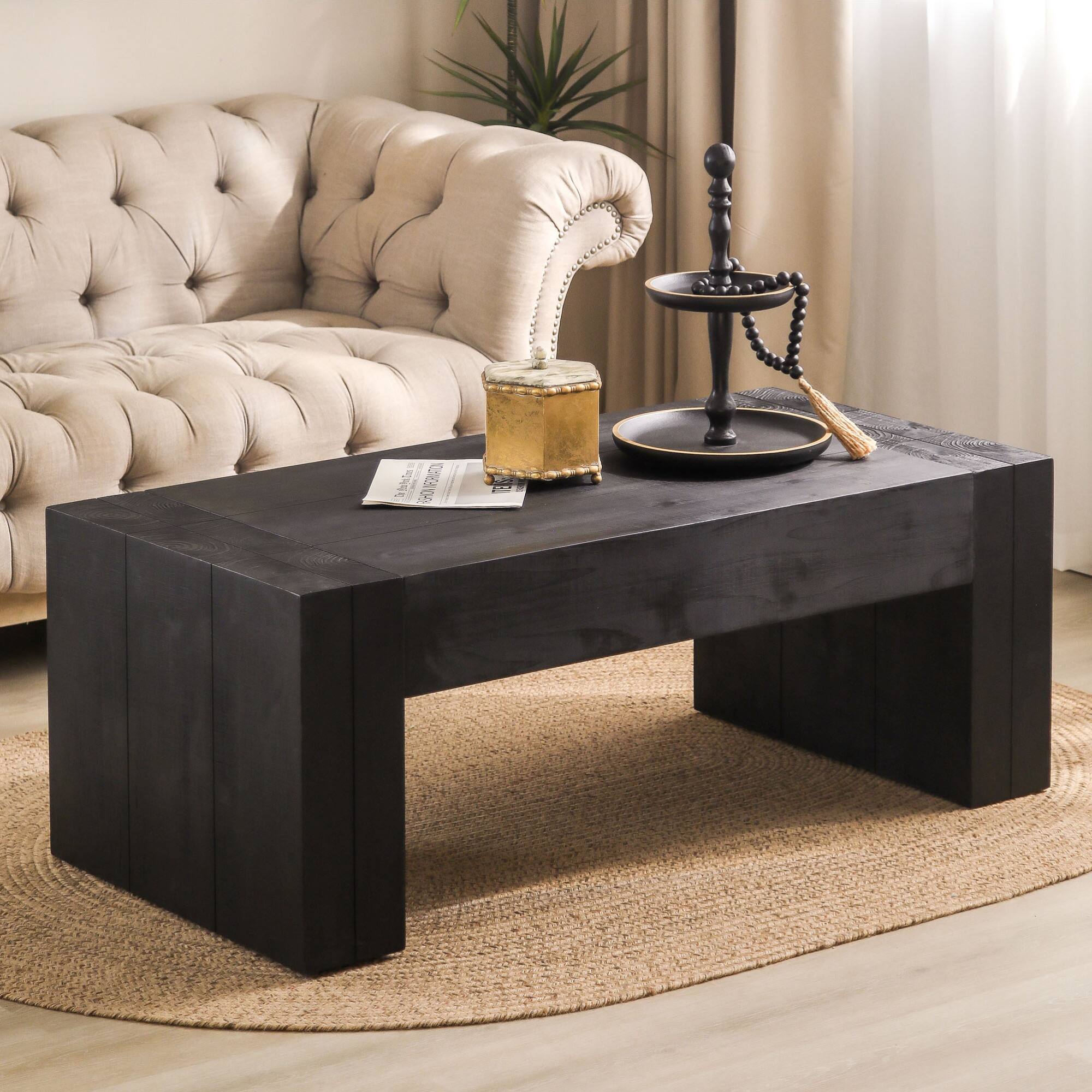 Front. GOODSILO - Contemporary Solid Wood Rectangular Coffee Table for Modern Living Room Decor - Black+Wood.