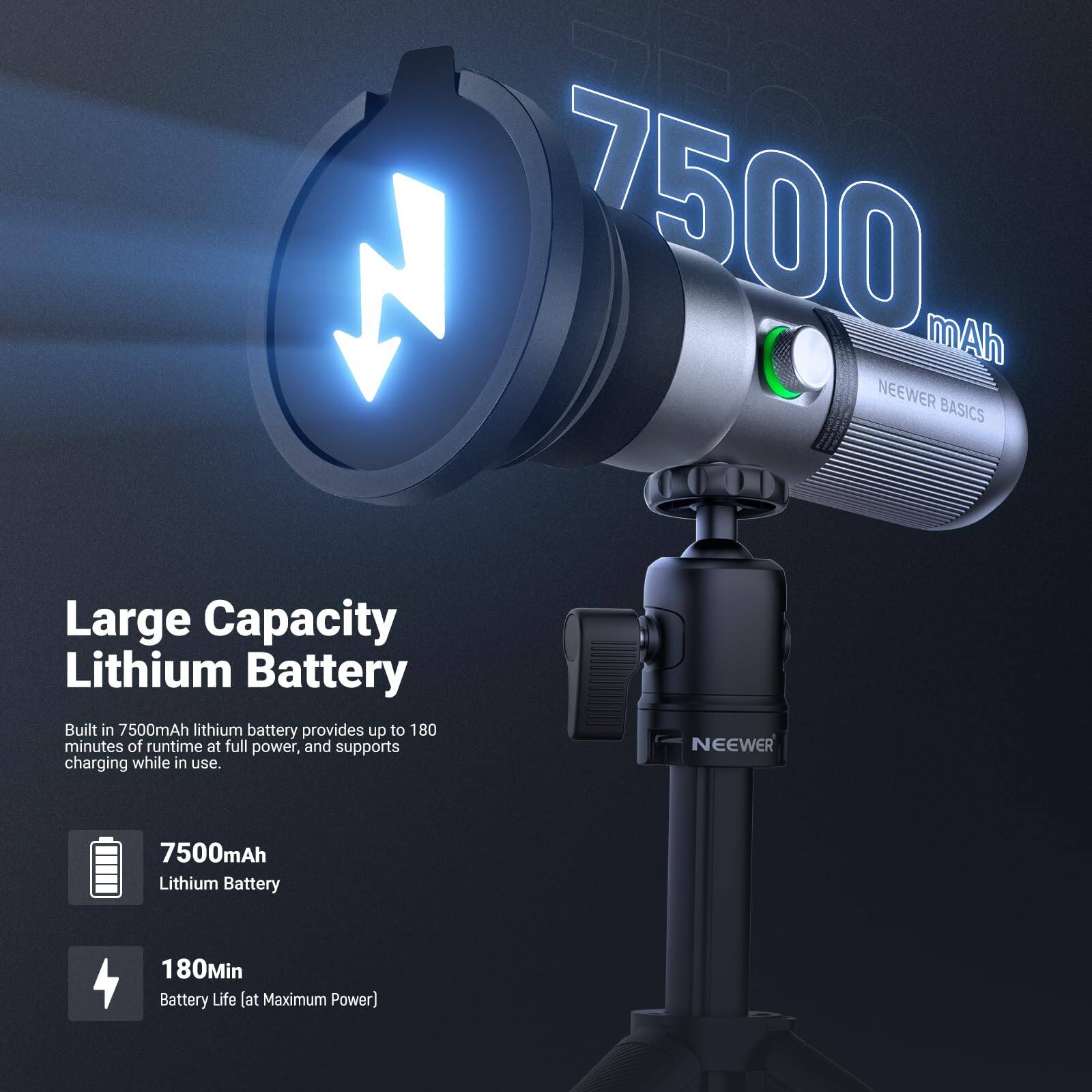 7500 mAh NEENER BASICS Large Capacity Lithium Battery

Built in 7500mAh lithium battery provides up to 180 minutes of runtime at full power, and supports charging while in use.

NEENER 7500mAh Lithium Battery

180Min Battery Life at Maximum Power