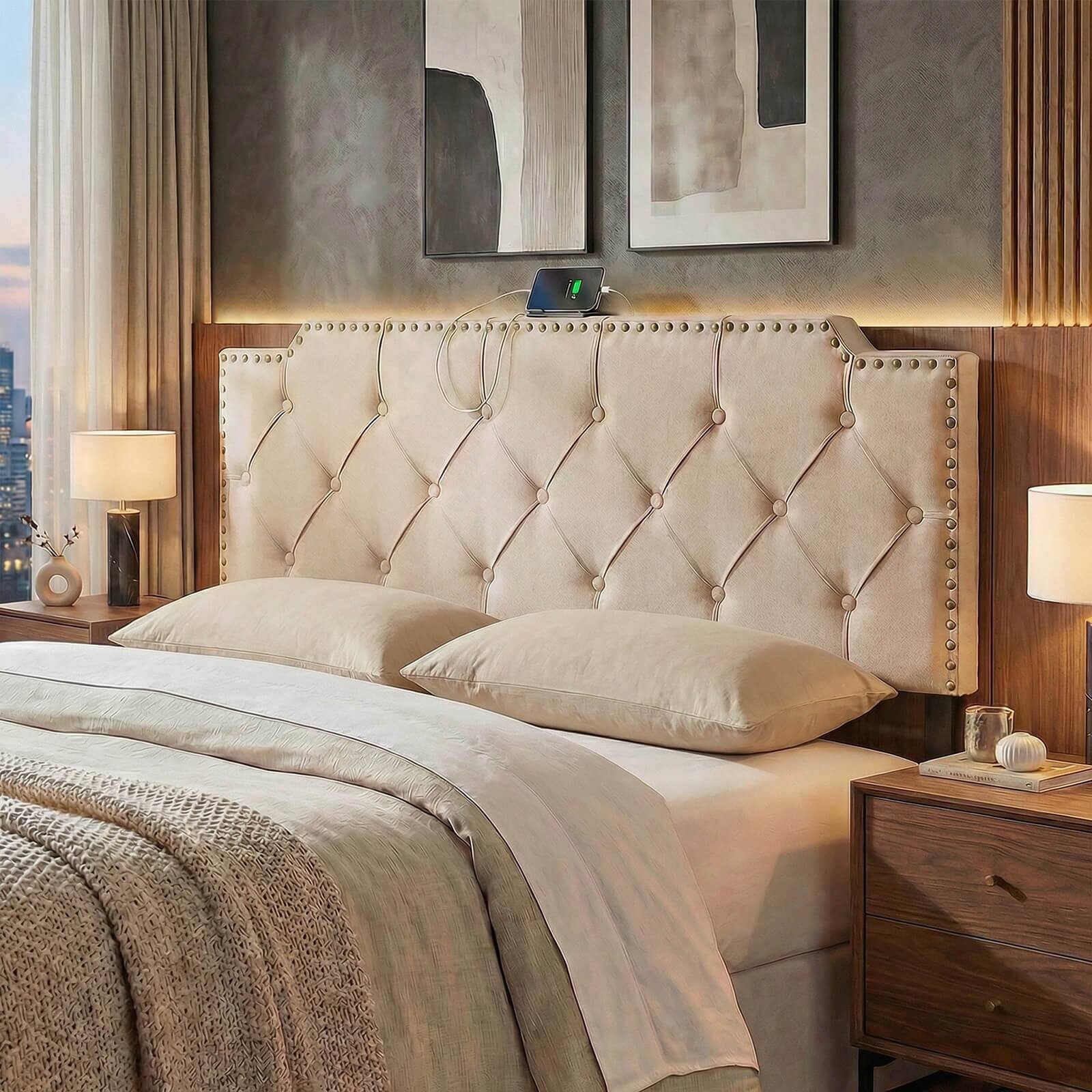 Alt View 1. Costway - Costway Headboard for Queen and Full Size Bed, Rivet Tufted Upholstered Head Board - Beige.