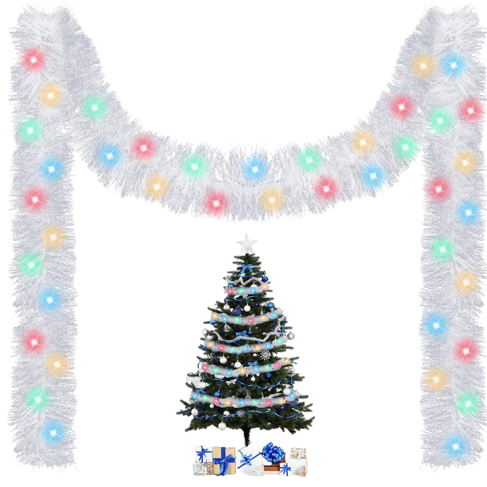 VEGA AUTOMOTIVE - 16 Christmas Tinsel Garland Lighted Metallic Twist Tree Decoration Prelit Operated 50 Hanging For Xmas Year - Multicolor, White