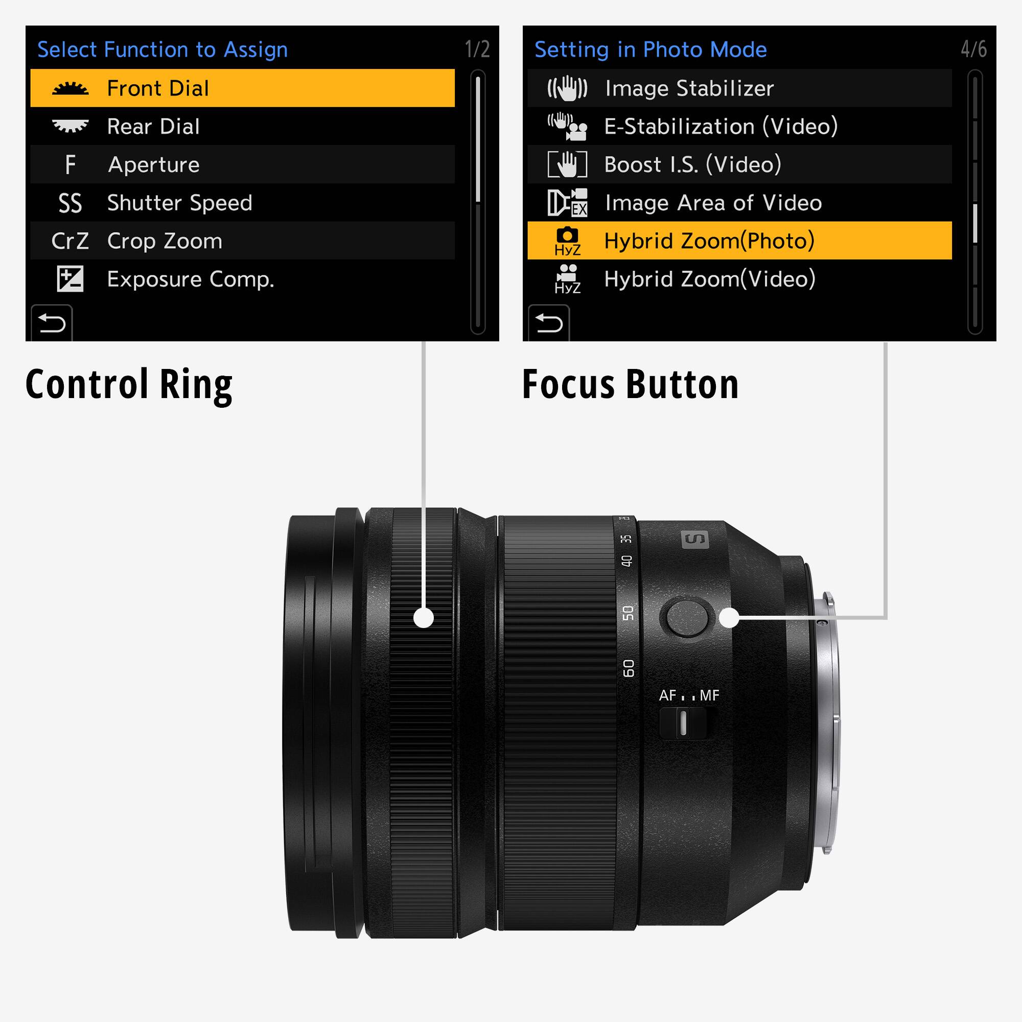 Select Function to Assign Front Dial Rear Dial F Aperture SS Shutter Speed CrZ Crop Zoom + Exposure Comp. 1/2 Setting in Photo Mode Image Stabilizer E-Stabilization (Video) Boost I.S. (Video) Image Area of Video HyZ Hybrid Zoom(Photo) Hyz Hybrid Zoom(Video) 4/6 Control Ring Focus Button 14: u 8 05 09 AF MF