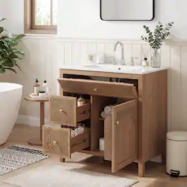 JUJABU - 30 Inch Freestanding Farmhouse Bathroom Vanity with Integrated White Ceramic Sink Top and Soft Close Doors - Natural