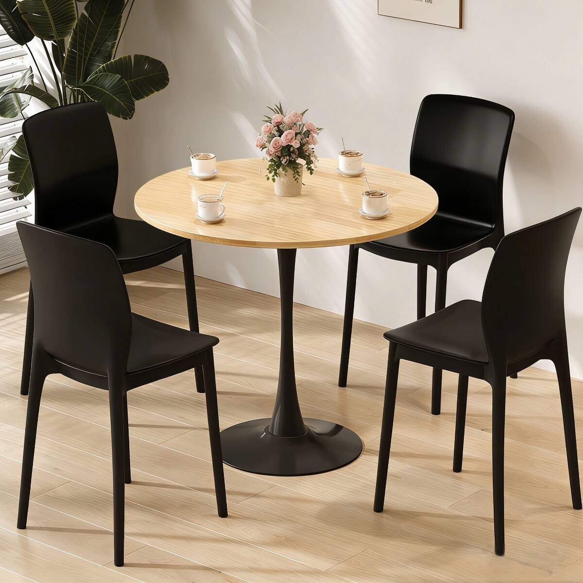 Loheer Round Dining Table, Wood Color MDF Top, Modern Kitchen Table ...