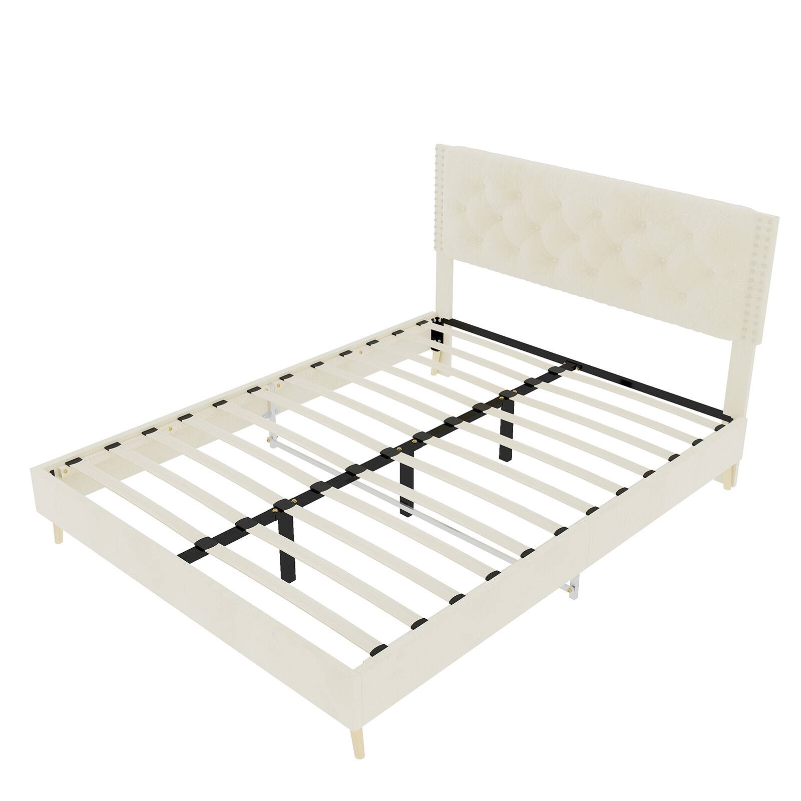 Left. Loheer - Loheer Luxury Beige Velvet Upholstered Queen Bed Frame Sturdy Platform Base - Beige.