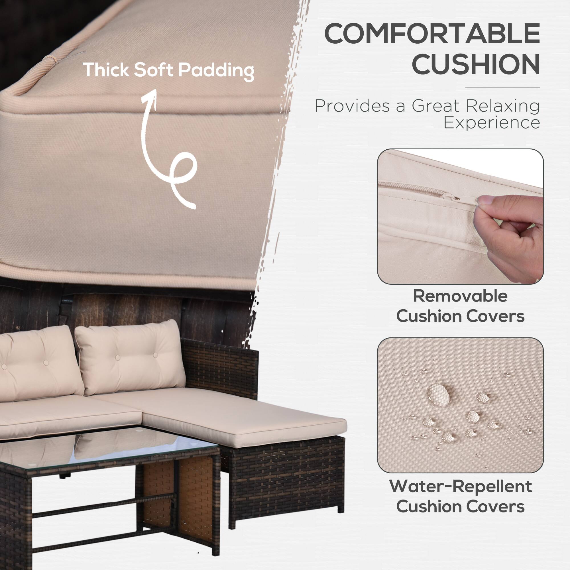COMFORTABLE CUSHION, Thick Soft Padding, Provides a Great Relaxing Experience, Removable Cushion Covers, Water-Repellent Cushion Covers
