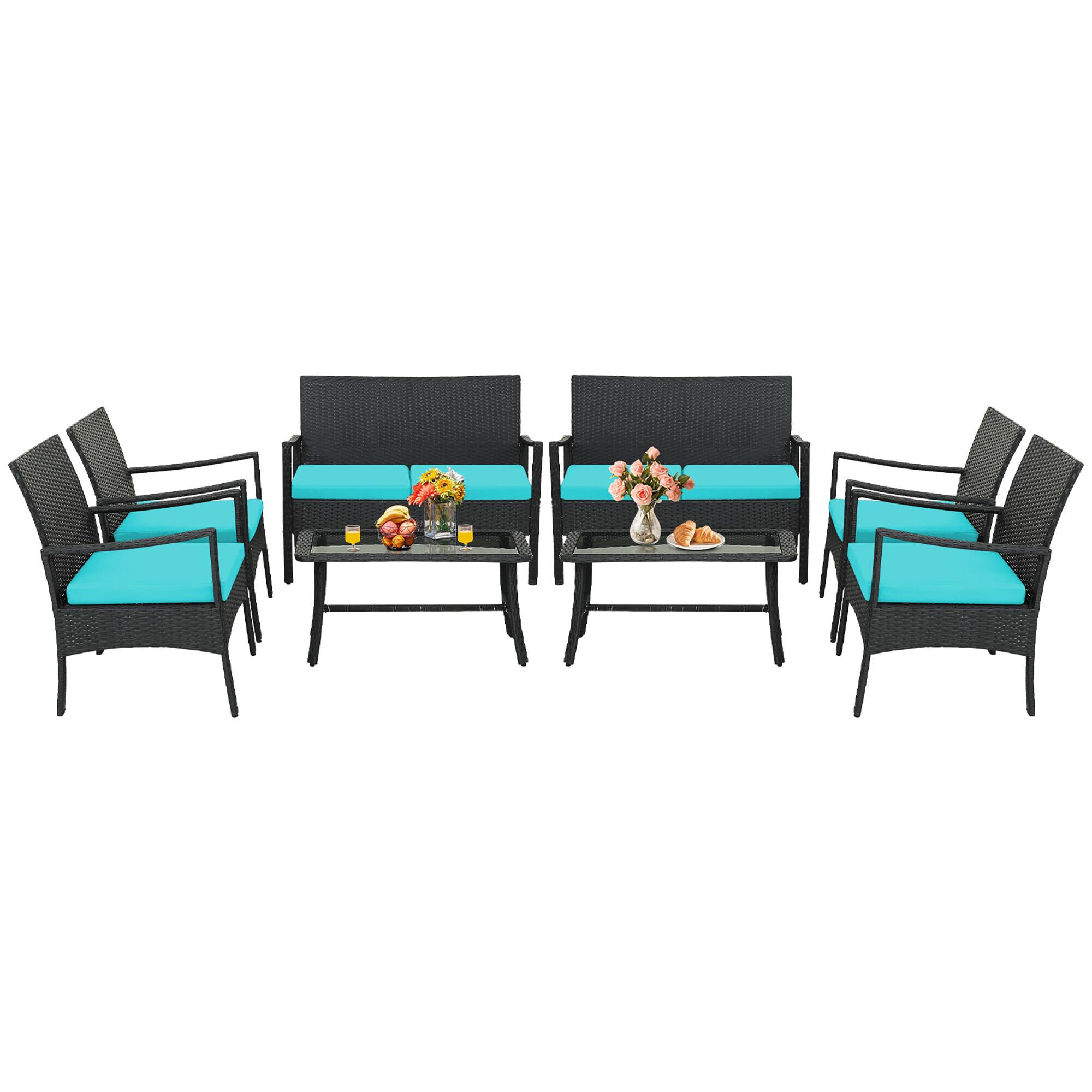 Alt View 1. Gymax - Gymax 8PCS Patio Rattan PE Wicker Furniture Conversation Set w/ Sofa Chair & Table - Turquoise.