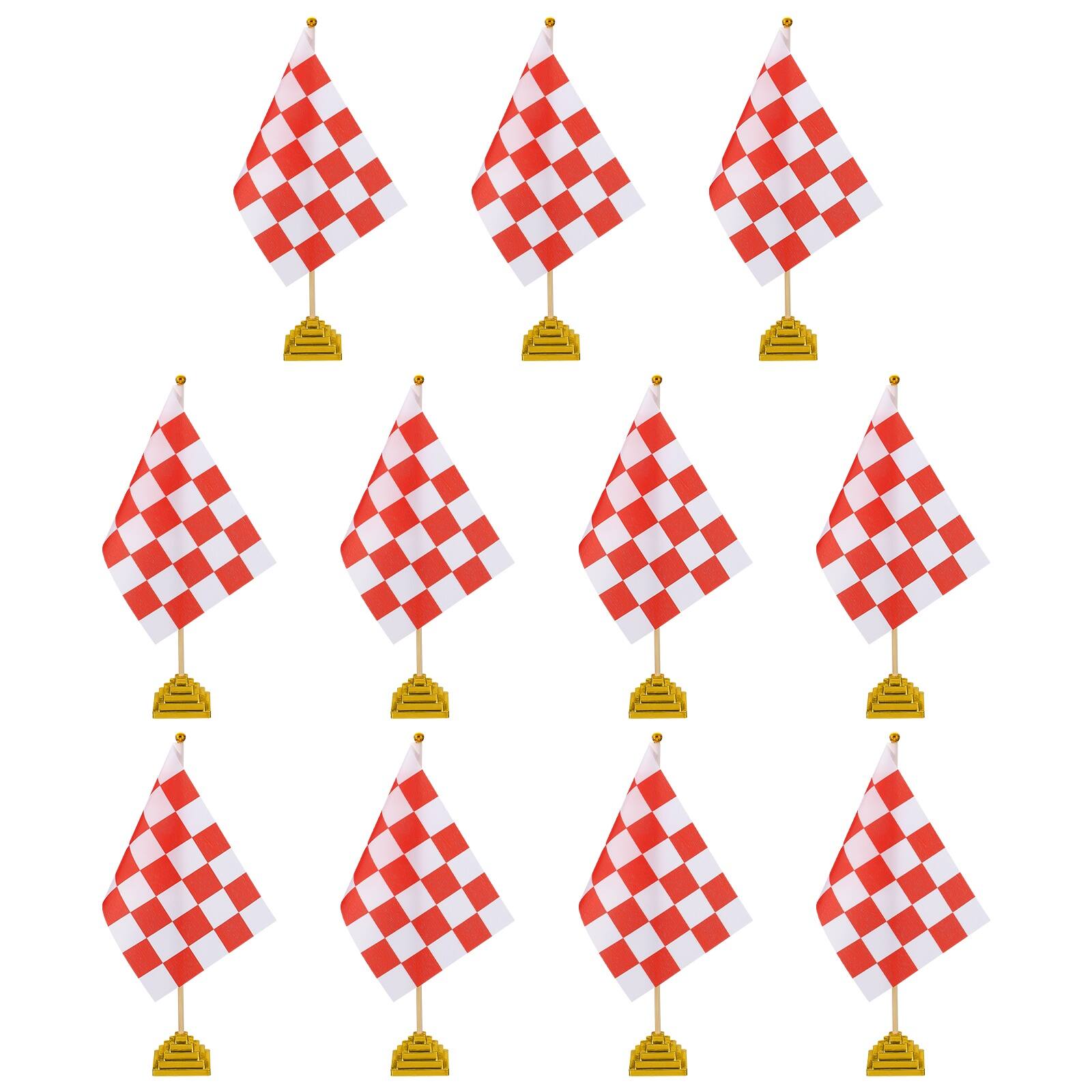 Unique Bargains - 12pcs 12" R/W Checkered Table Flag for Racing/Sport Party, Bamboo Stick & Gold Square Base - Red and White Flag, Gold Base