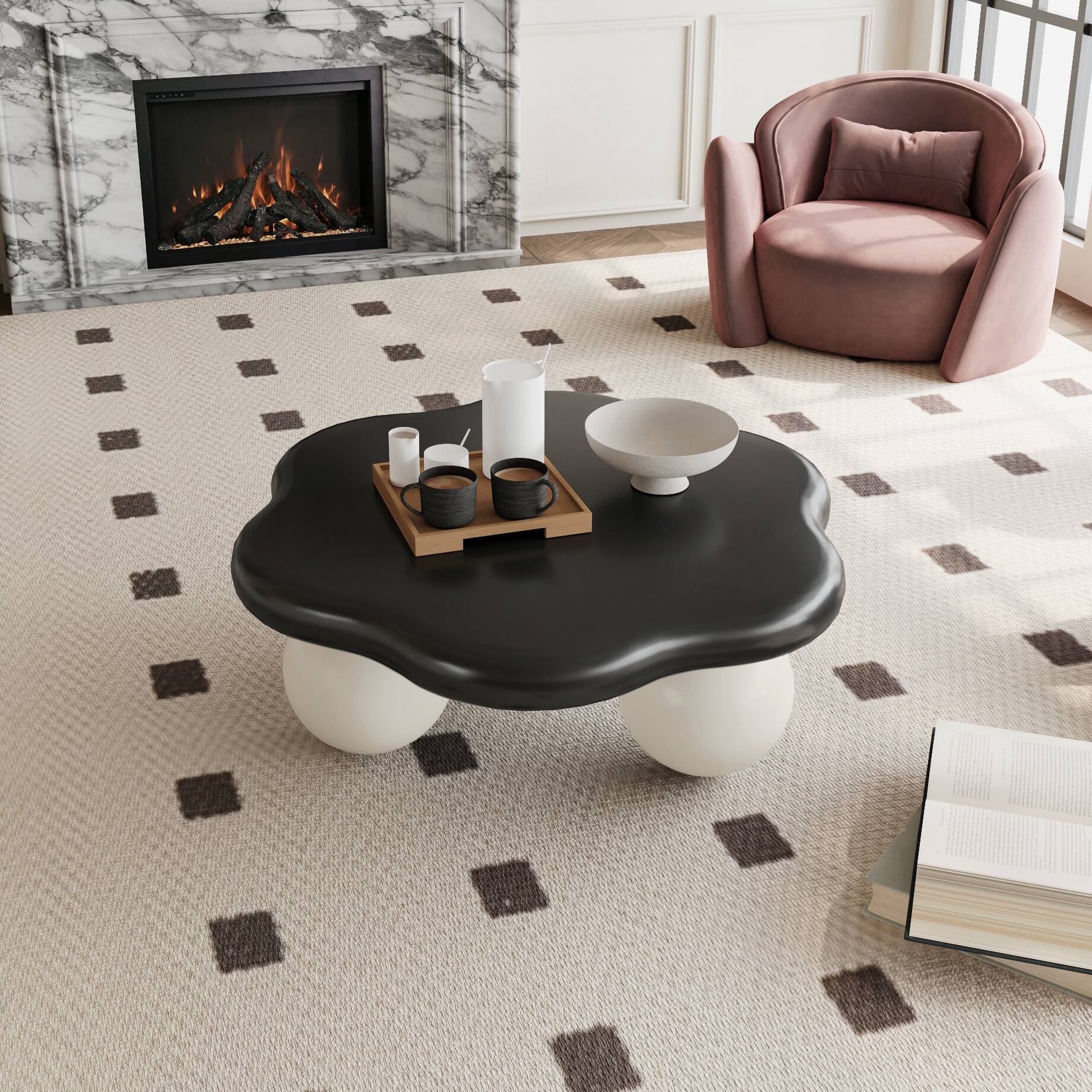 Alt View 1. Loheer - Loheer 35 Inch Cloud Shaped Coffee Table Modern Minimalist Petal Living Room Table Black Top White Spherical Legs - Black White.