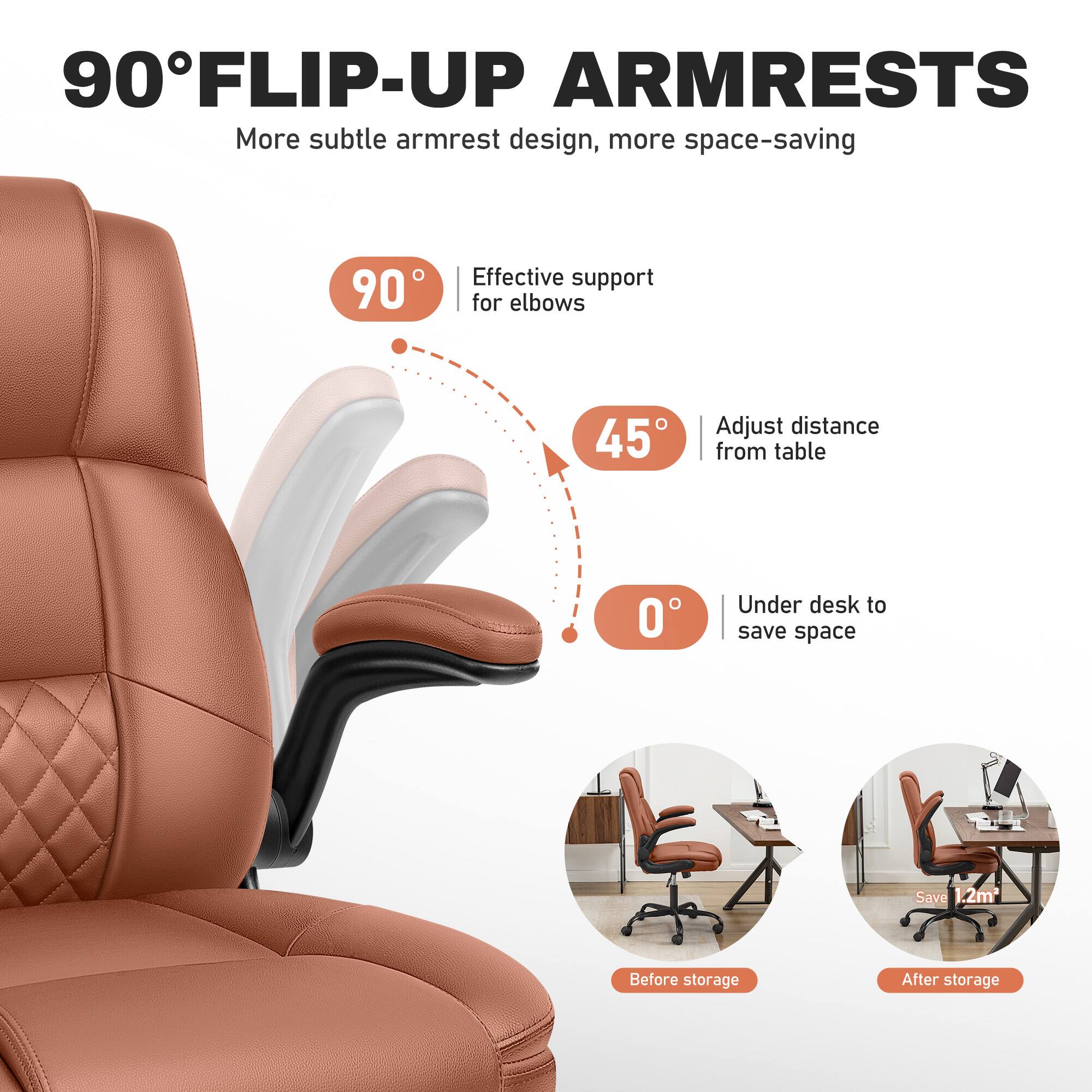 90° FLIP-UP ARMRESTS  
More subtle armrest design, more space-saving  

90° Effective support for elbows  
45° Adjust distance from table  
0° Under desk to save space  

Save 1.2m²  
Before storage  
After storage