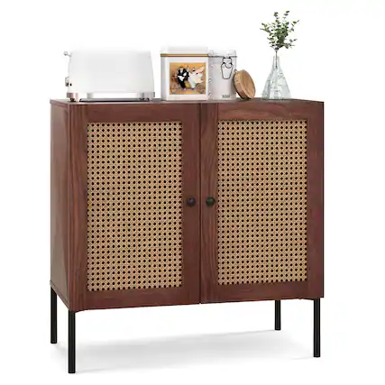 Front. Costway - Rattan Buffet Sideboard Cabinet Cupboard with Adjustable Shelf Walnut - Walnut.