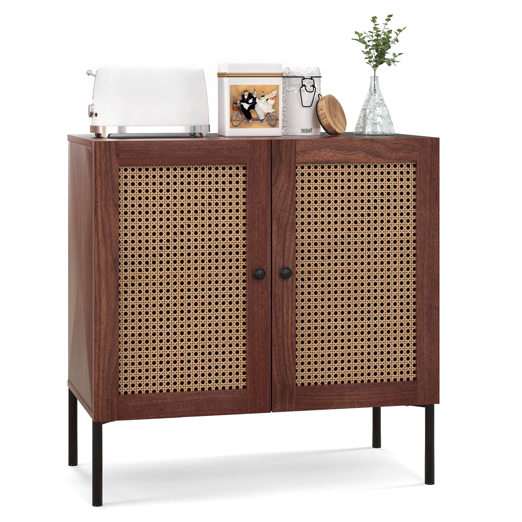 Costway - Rattan Buffet Sideboard Cabinet Cupboard with Adjustable Shelf - Walnut