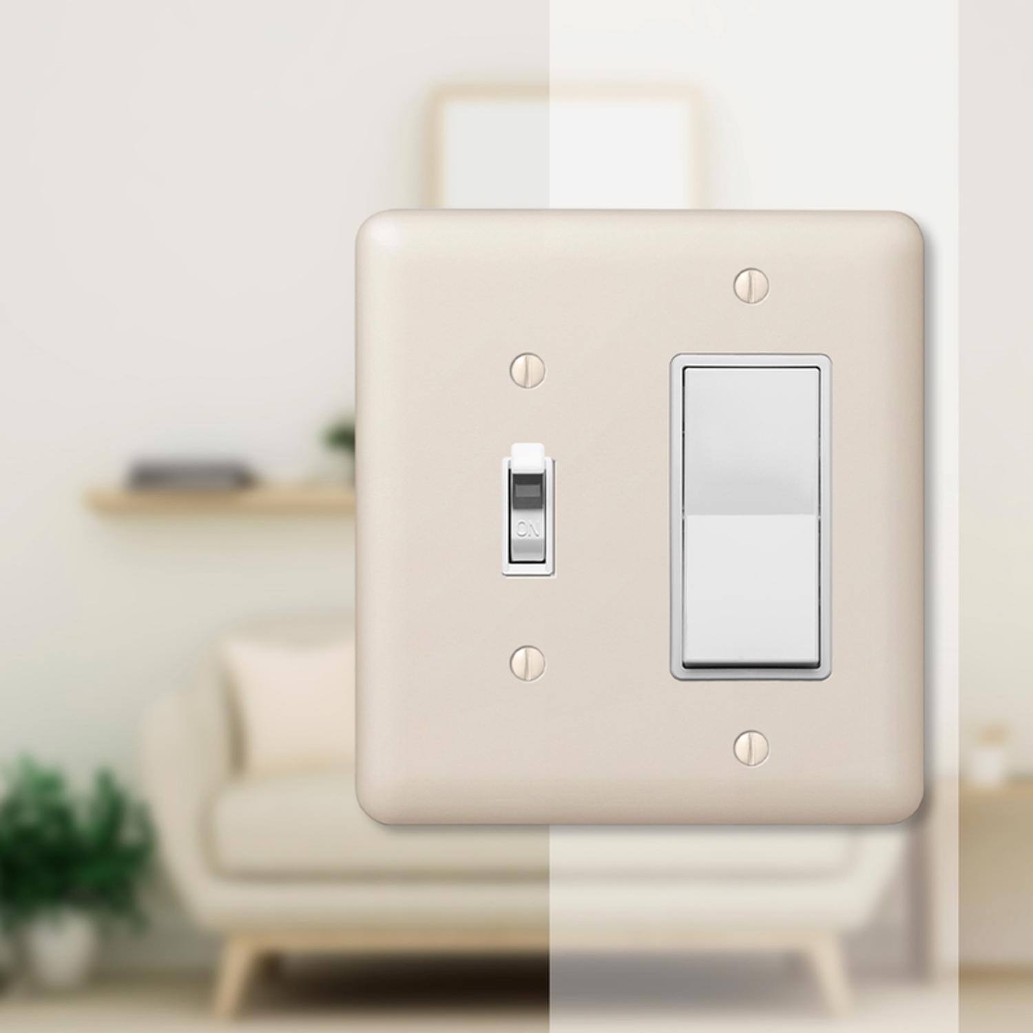 Left. AMERELLE - Amerelle Devon Light Almond 2 gang Stamped Steel Decorator/Toggle Wall Plate 1 pk - Almond.